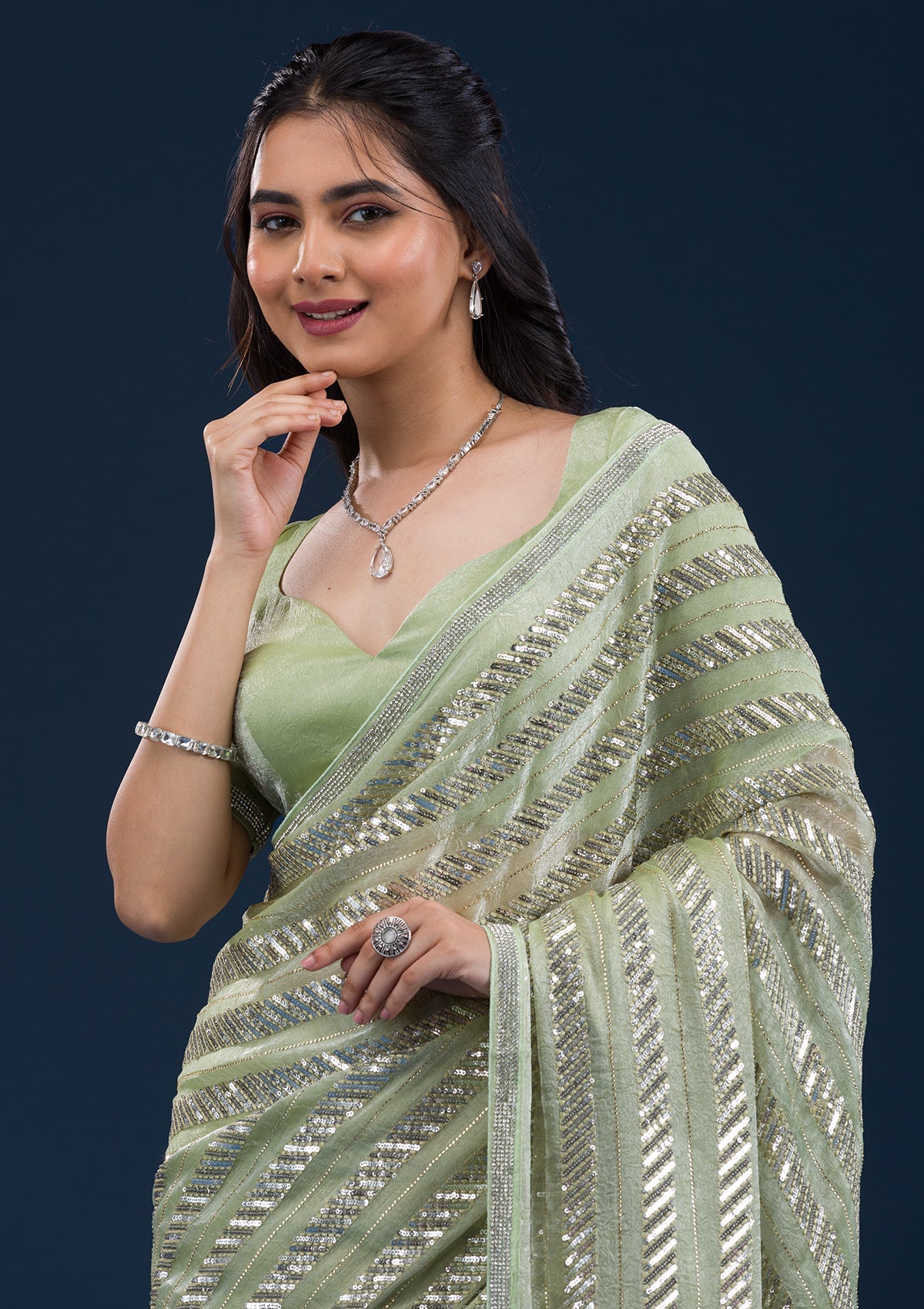 Koskii Pista Green Zariwork Semi Crepe Saree – Women's - view 6