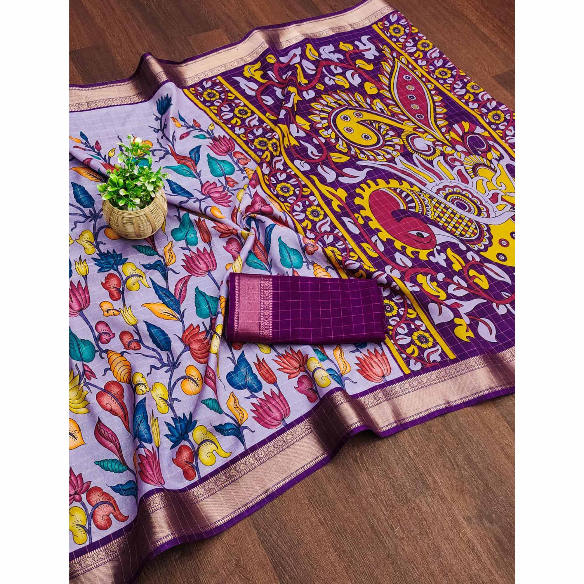 Peachmode Lavender Floral Printed Dola Silk Saree With Zari Border - view 5
