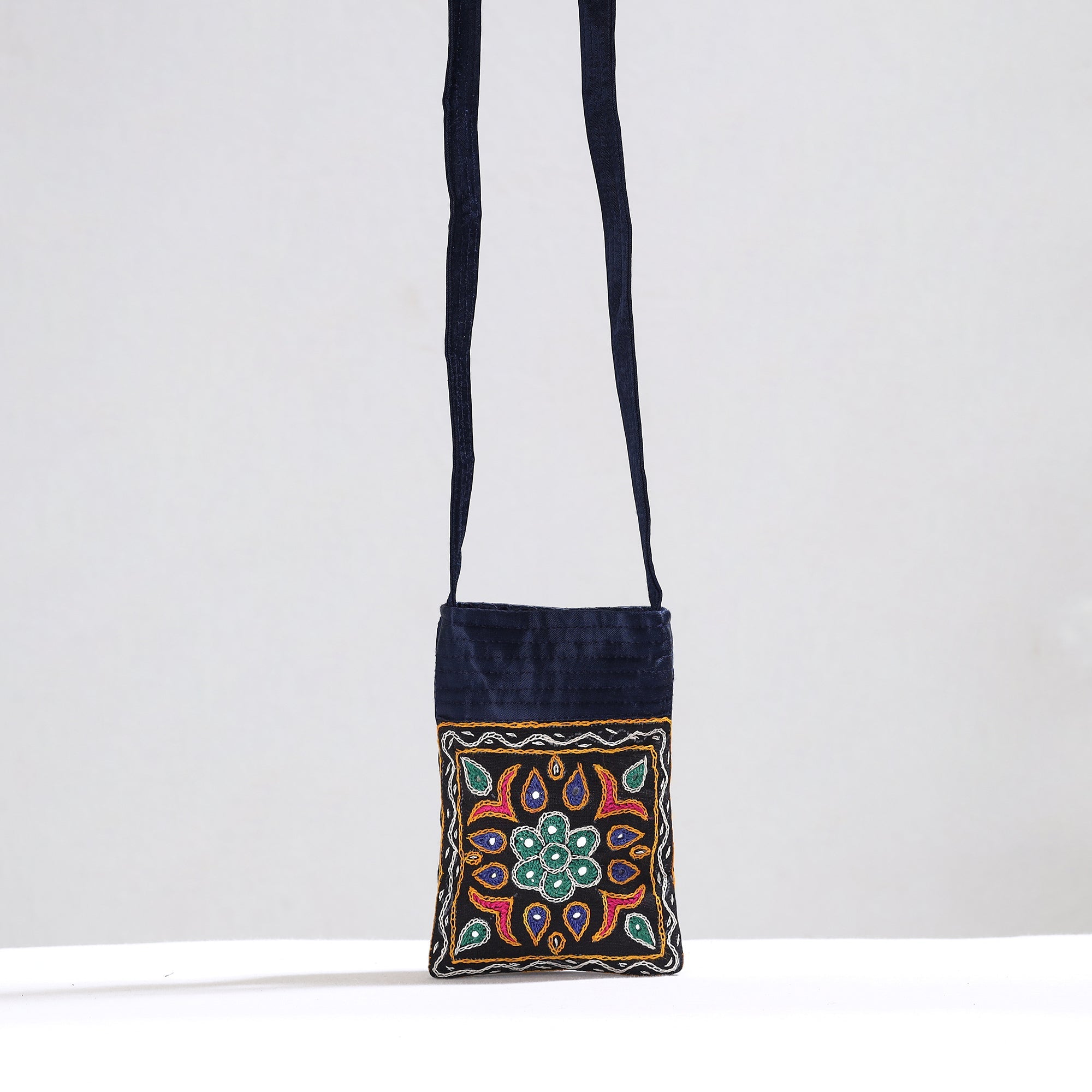 KACHCHH JI CHHAAP Black - Kutch Pakko Hand Embroidery Mirror Work Mashru Silk Sling Bag 86