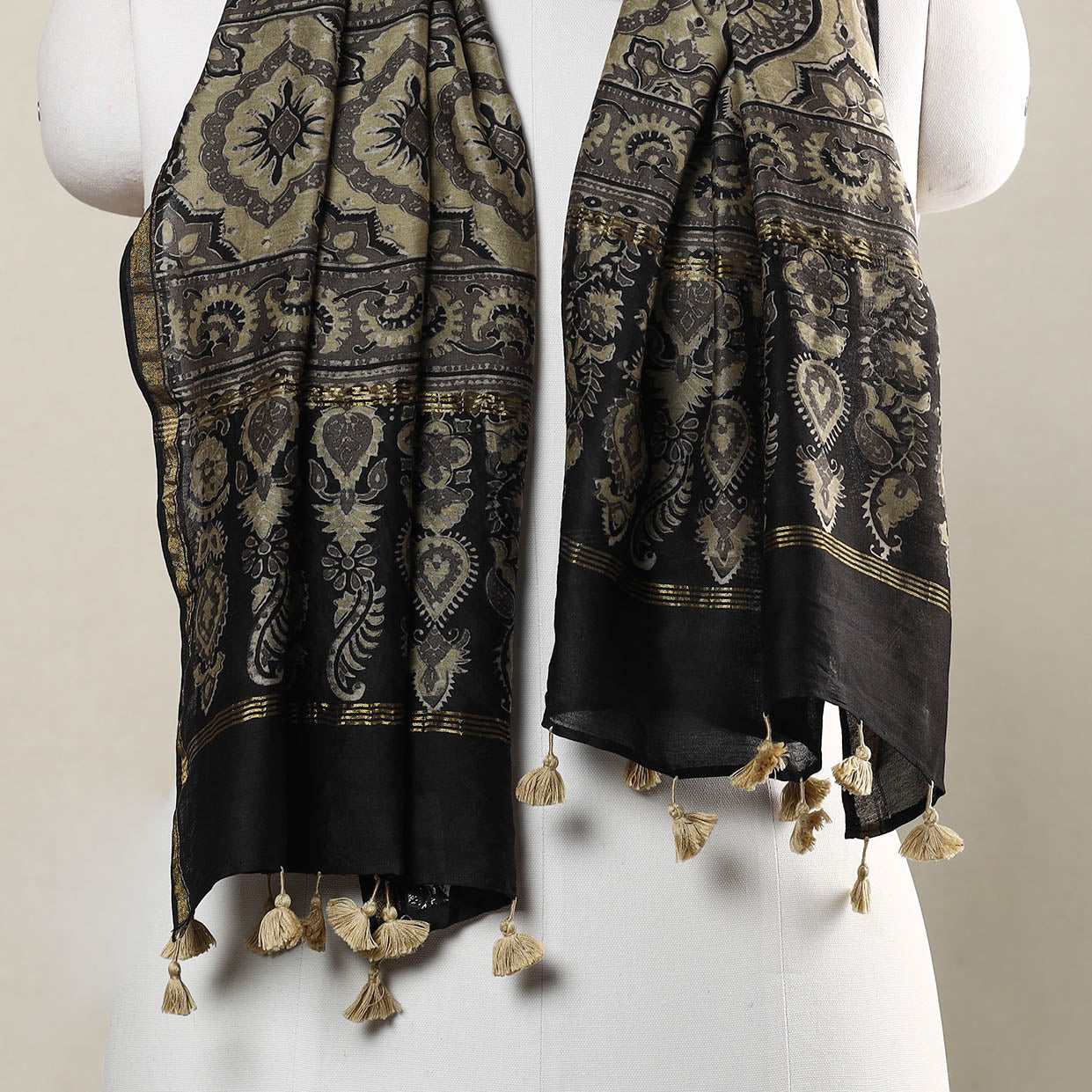 AJRAKH BY SUFIYAN ISMAIL KHATRI Brown - Ajrakh Hand Block Printed Chanderi Silk Handloom Stole with Tassels - view 3