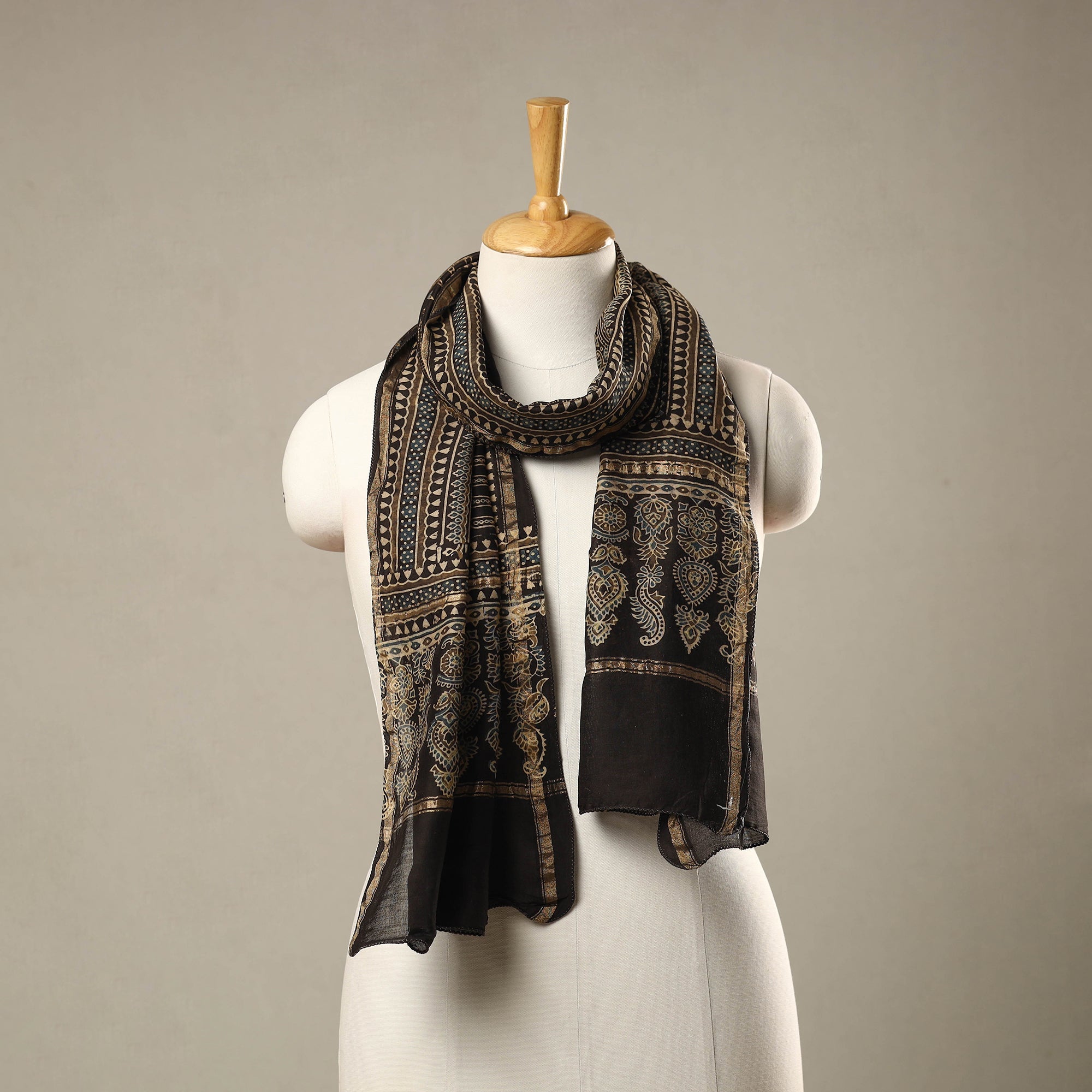 RIYAZ ABDULMAJID KHATRI - AJRAKH Brown - Handloom Chanderi Silk Block Printed Ajrakh Stole 15