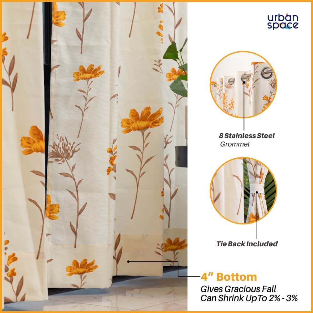 Urban Space -Home Furnishing Store 100% Cotton Curtains for Living Room, Bedroom curtains - Pack of 2 curtains, Orchid Blooms - Yellow - view 3