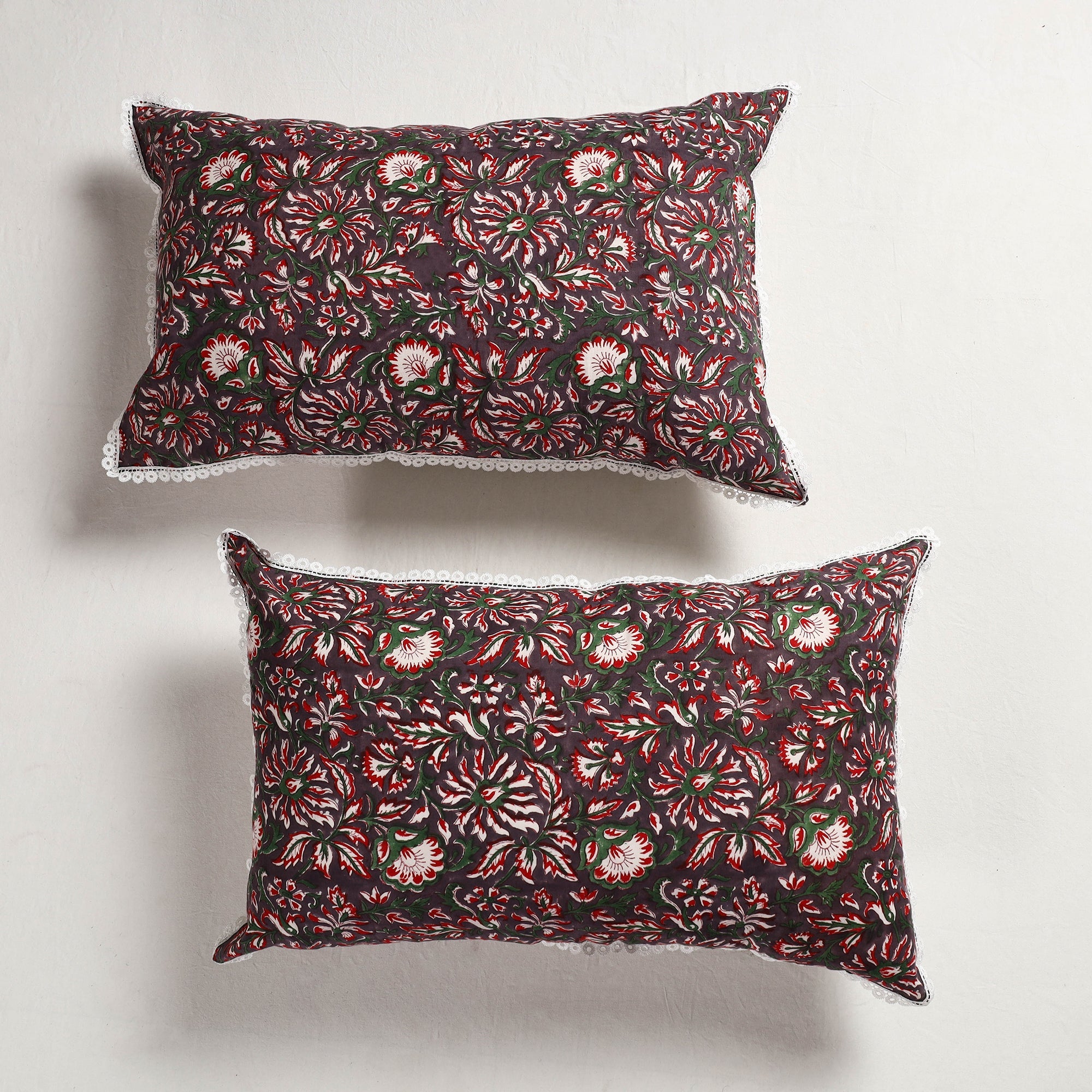 HAVELI CHRONICLES Brown - Sanganeri Block Printed Cotton Pillow Cover with Lace (28 x 18 in) - Set of 2 - view 2