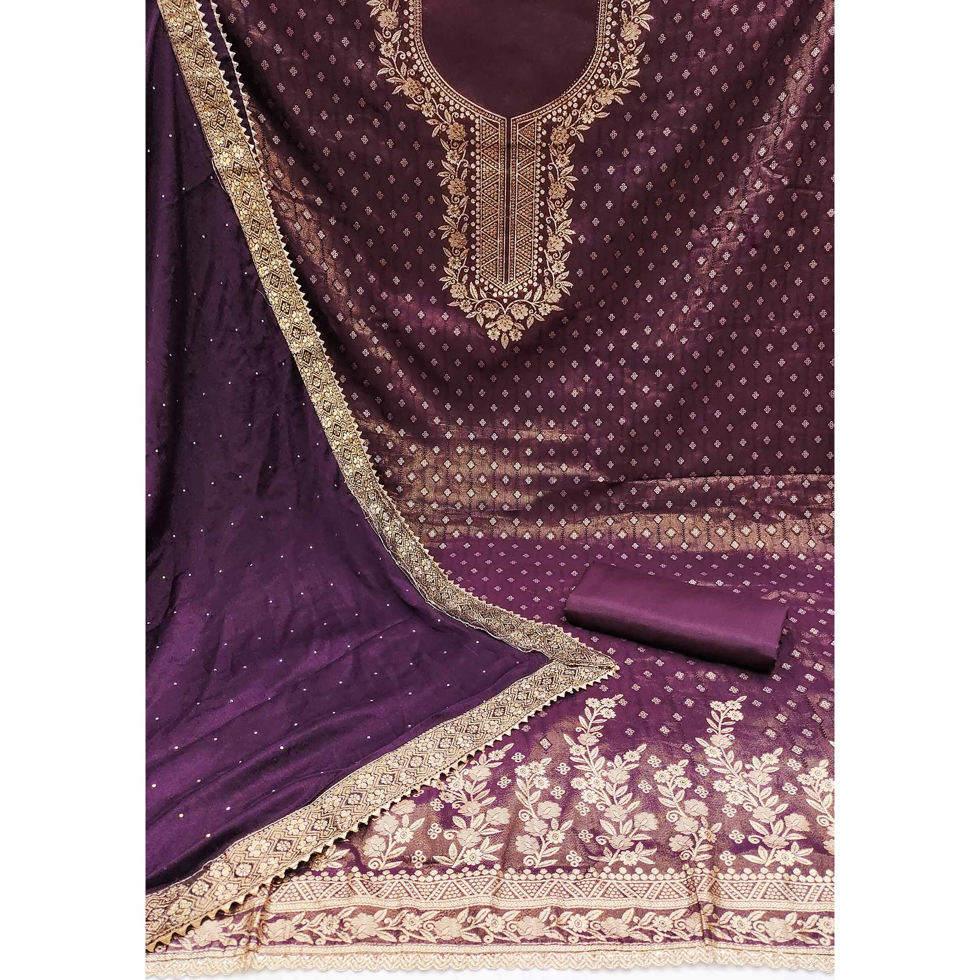 Peachmode Purple Floral Woven Shimmer Jacquard Dress Material - view 3