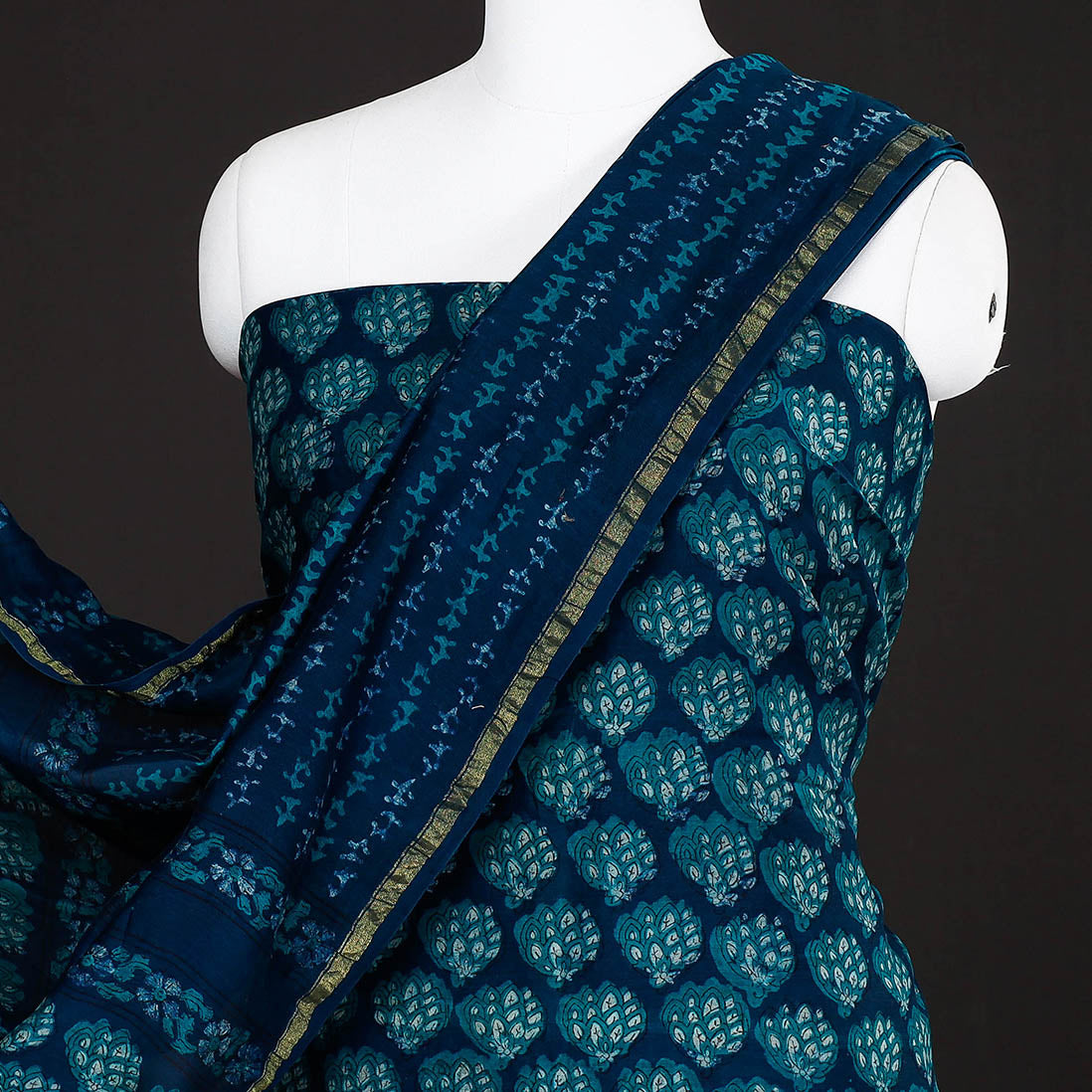 HAVELI CHRONICLES Blue - 3pc Akola Block Printed Chanderi Silk Suit Material Set - view 3