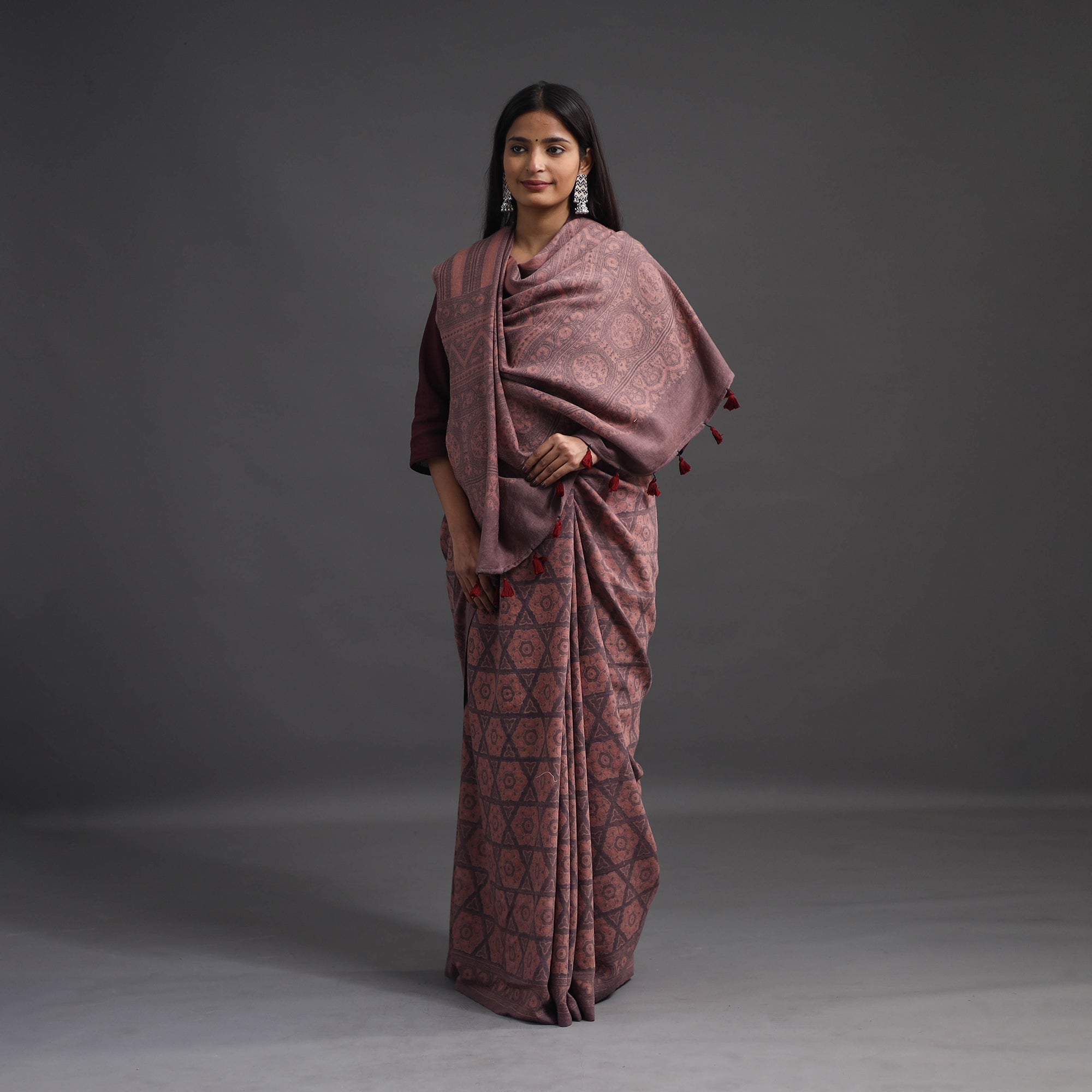 AJRAKH BY JABBAR KHATRI Brown - Merino Wool Block Print Ajrakh Saree with Tassels 03 - view 3