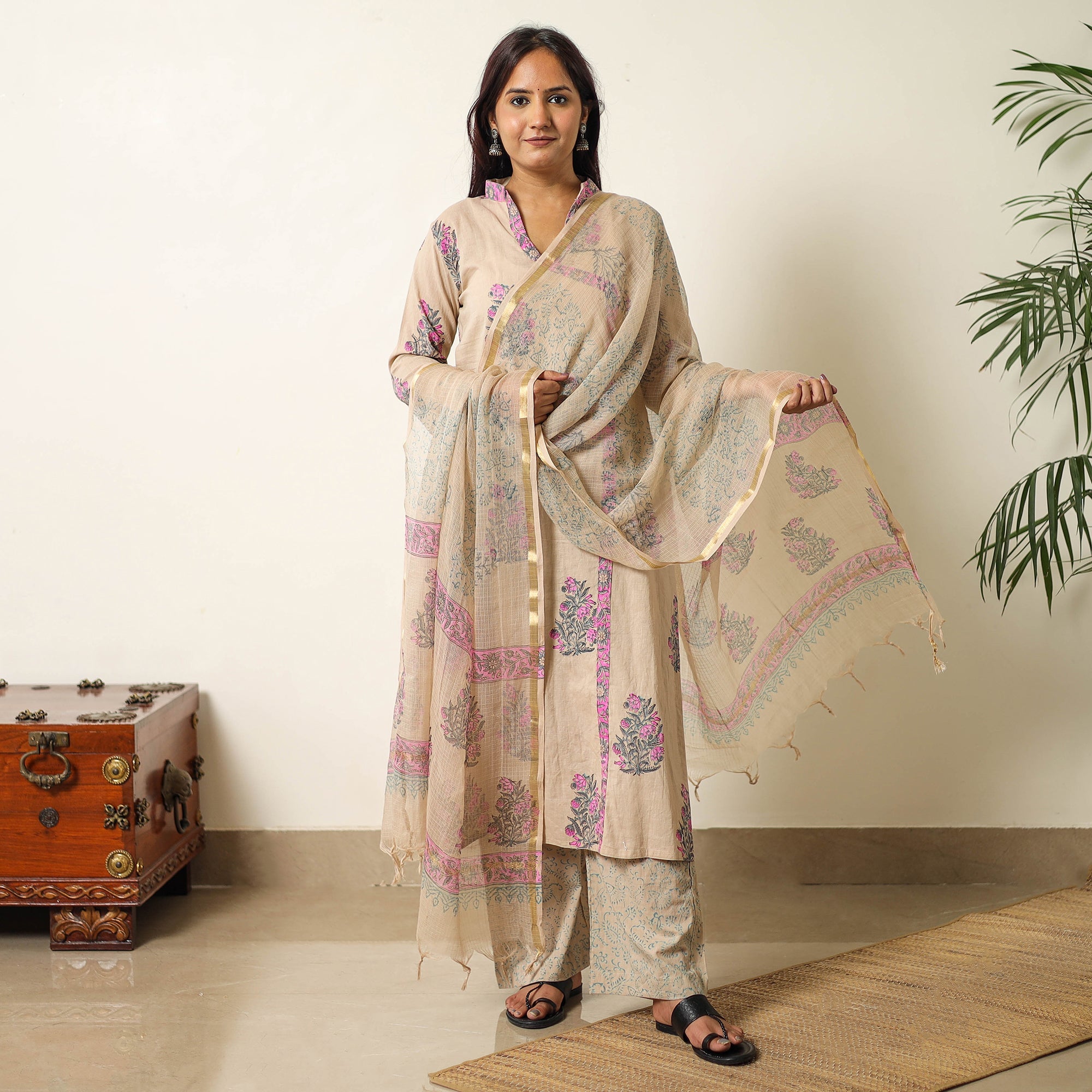 ITOKRI CASUALS Brown - Sanganeri Block Printed Cotton Kurta with Palazzo & Dupatta Set 01