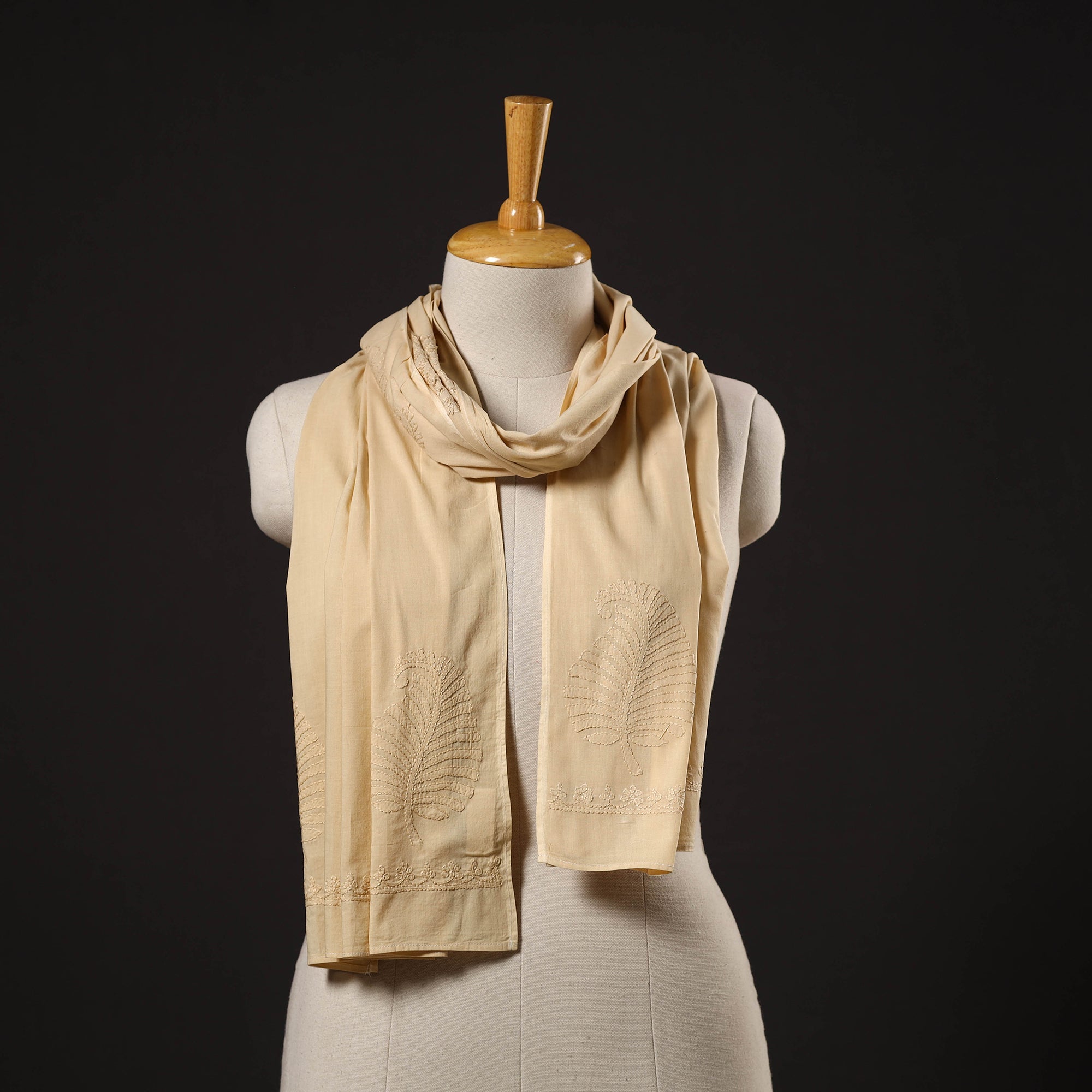 MEHARKI CHIKAN Beige - Hand Embroidered Lucknow Chikankari Cotton Stole 09