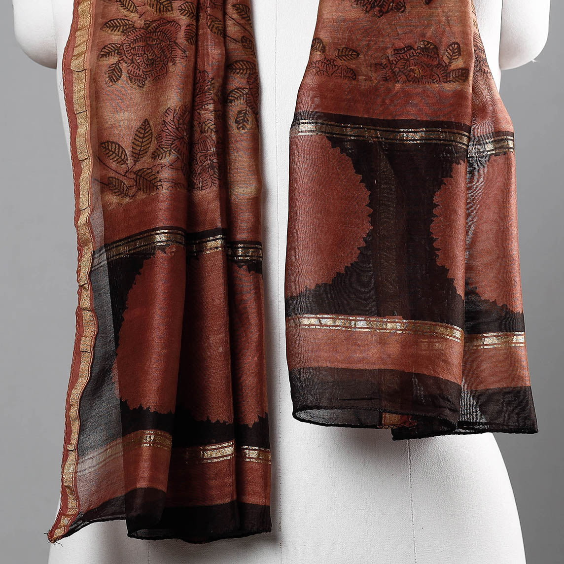 BAGRU DABU PRINTS Brown - Bagru Block Printed Chanderi Silk Handloom Stole with Zari Border - view 2