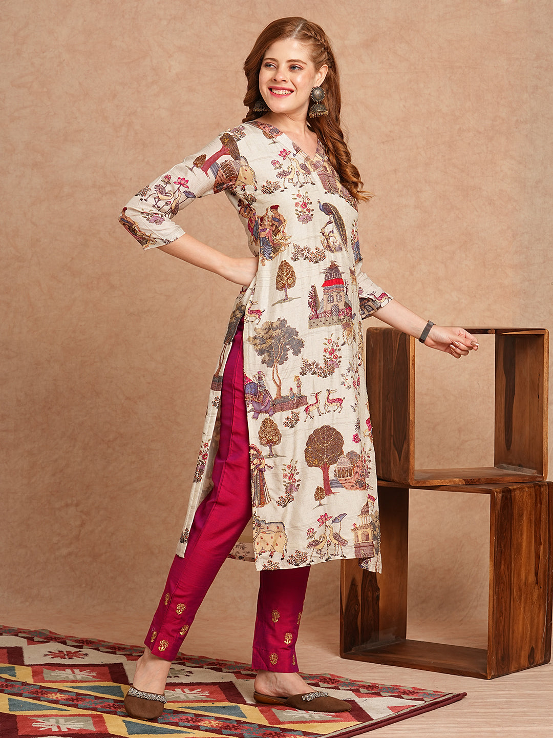 FASHOR Ethnic & Floral Printed & Kantha Embroidered Straight Fit Kurta - Off White - view 5