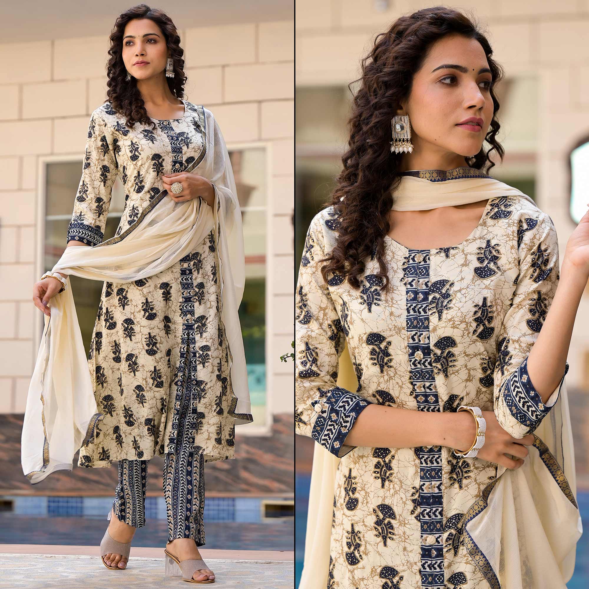 Peachmode Chikoo & Navy Blue Floral Foil Printed Rayon A-Line Salwar Suit