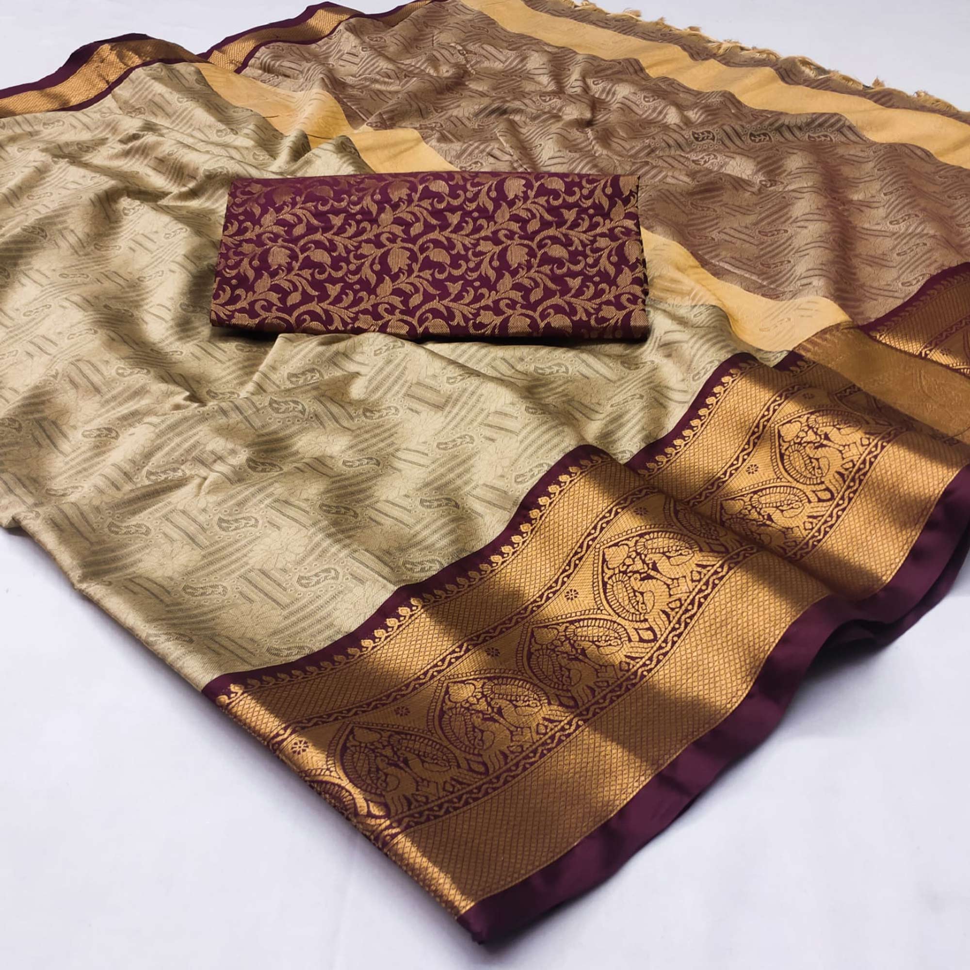 Peachmode Chikoo Woven Cotton Silk Saree With Tassels