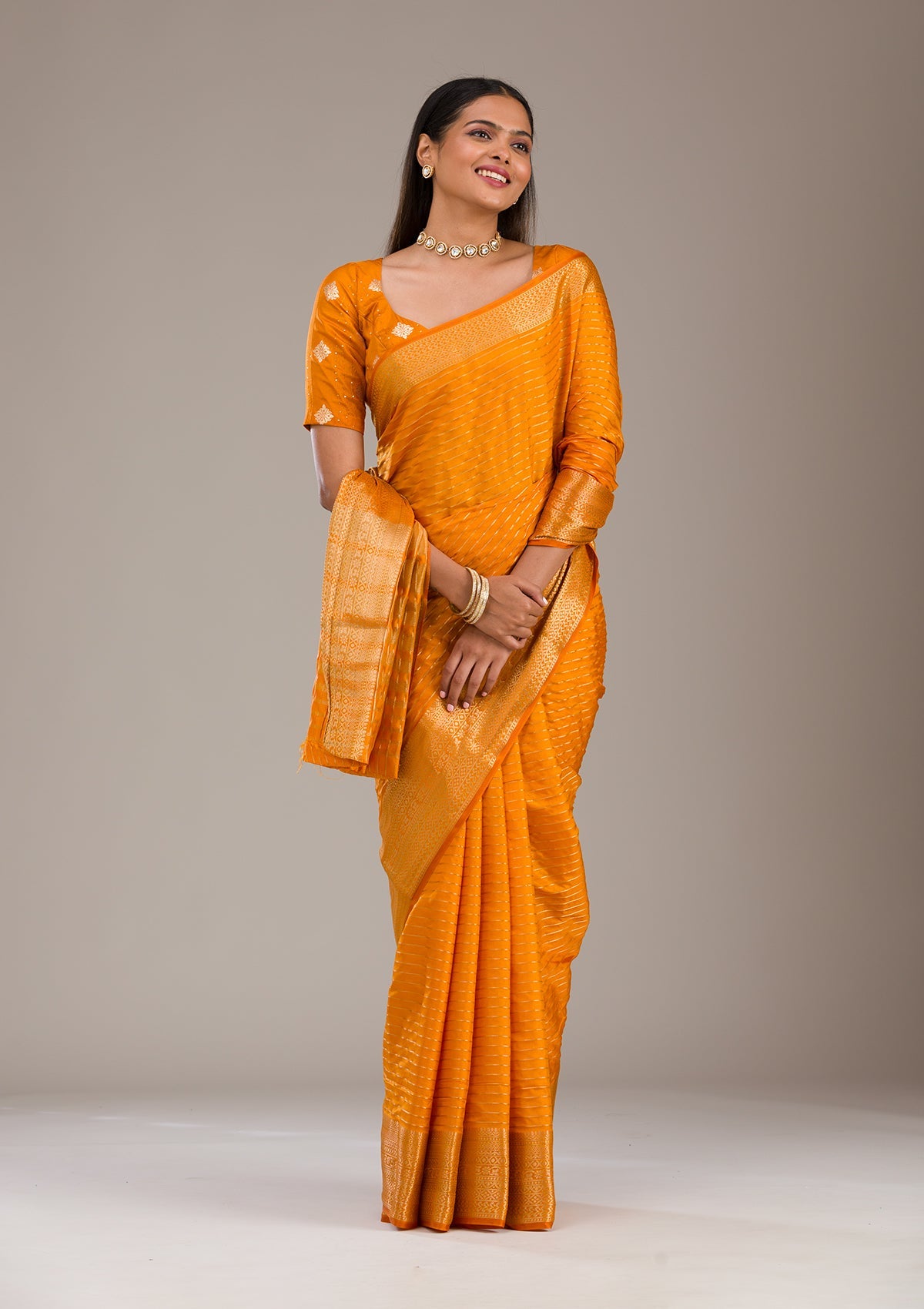 Koskii Orange Zariwork Soft Silk Saree – Women's