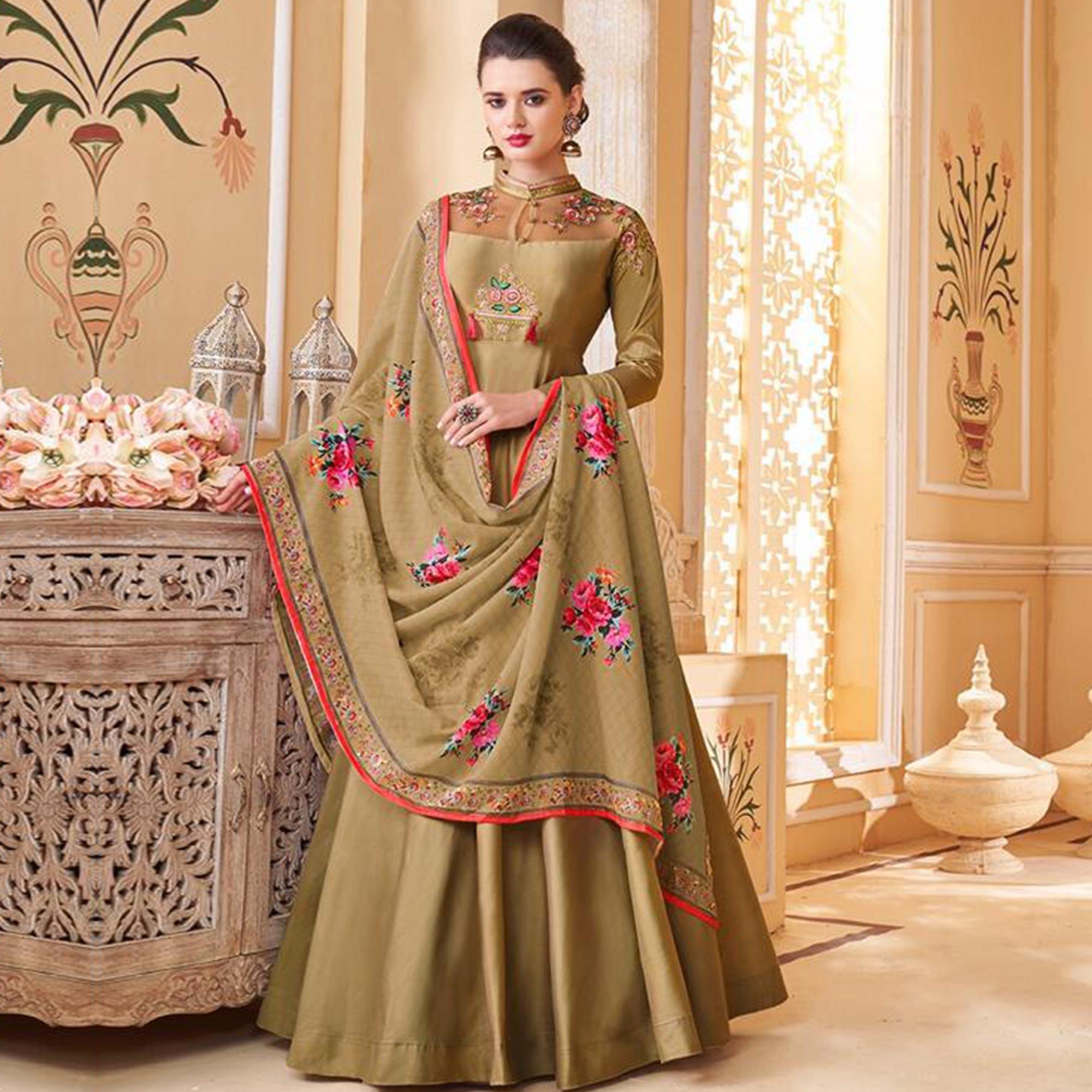Peachmode Seller Flamboyant Chiku Colored Partywear Embroidered Silk Anarkali Suit