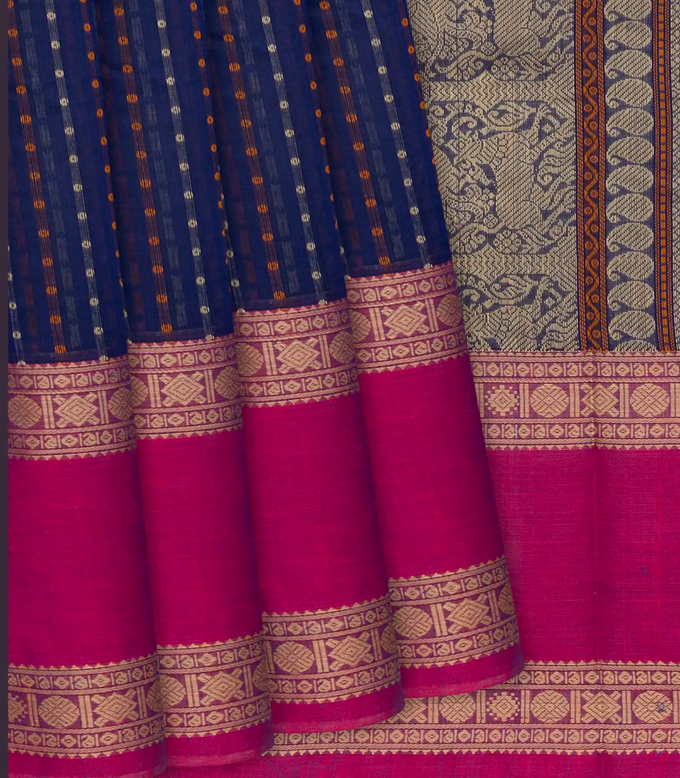 RmKV Dark Blue Handloom Village Cotton Saree With Checks-Dark Blue