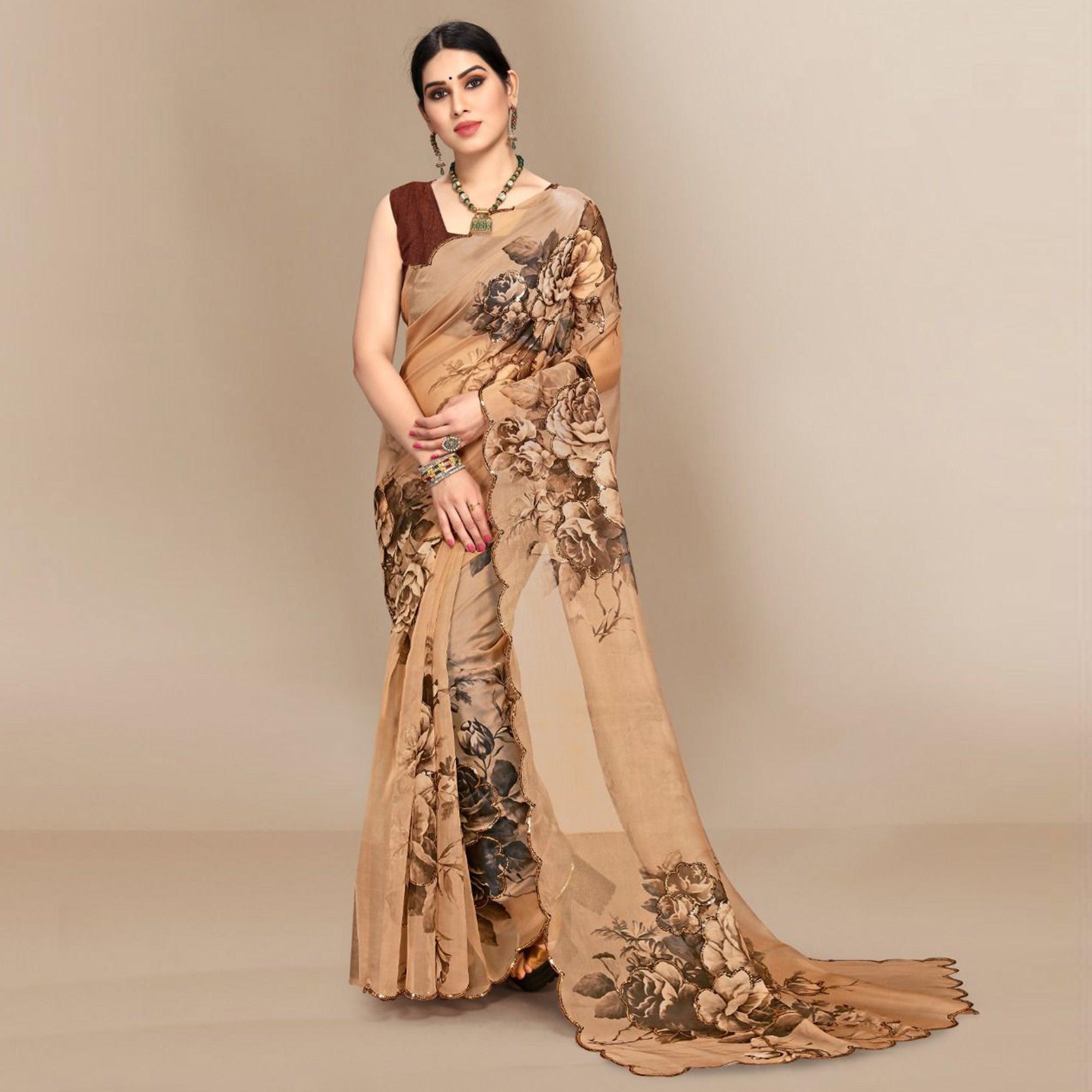 Peachmode Brown Partywear Sequins & Printed Organza Saree