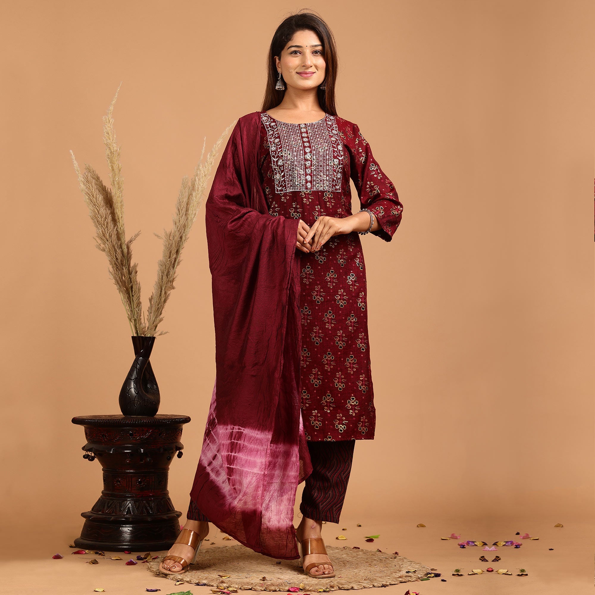 Peachmode Seller Maroon Printed With Embroidered Rayon Salwar Suit - view 2
