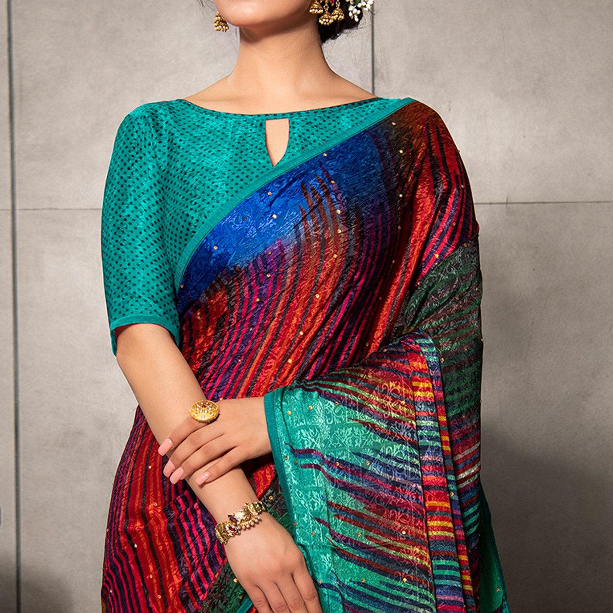 Peachmode Energetic Red - Multi Colored Partywear Printed Silk Crape Saree - view 2