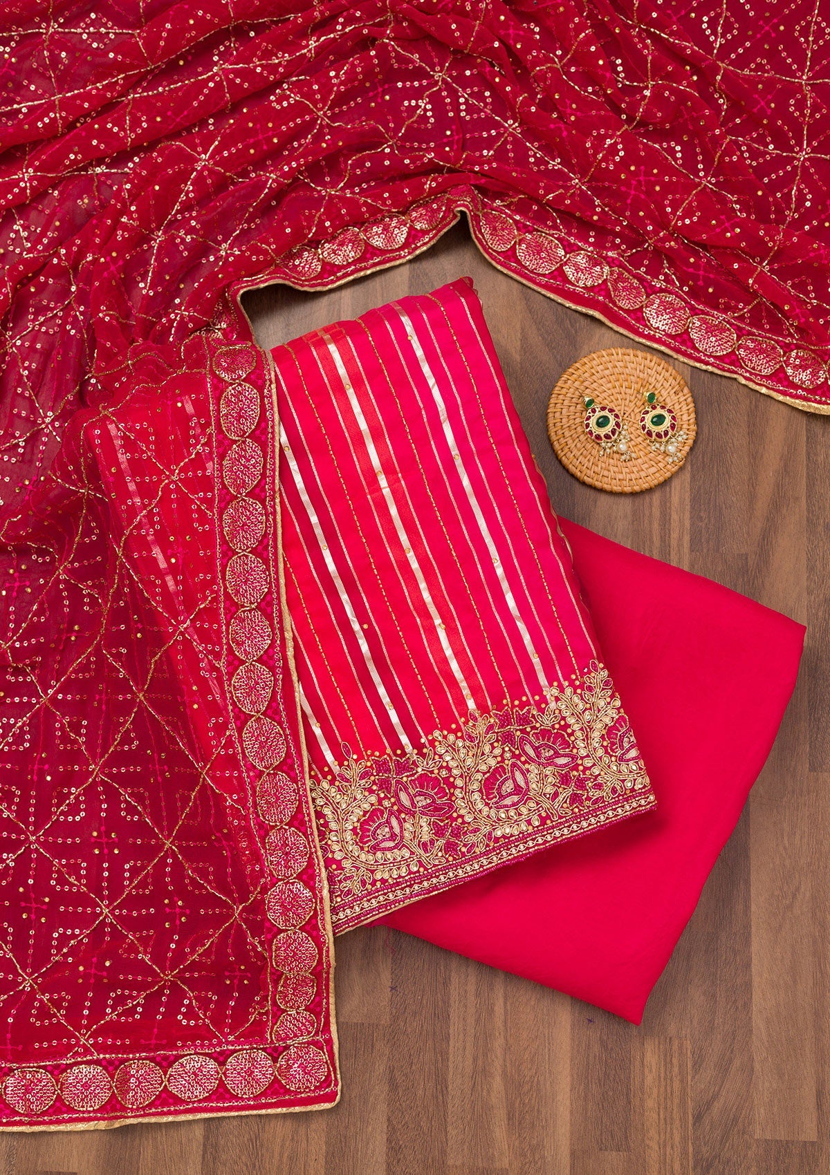 Koskii Rani Pink Zariwork Semi Crepe Unstitched Salwar Suit