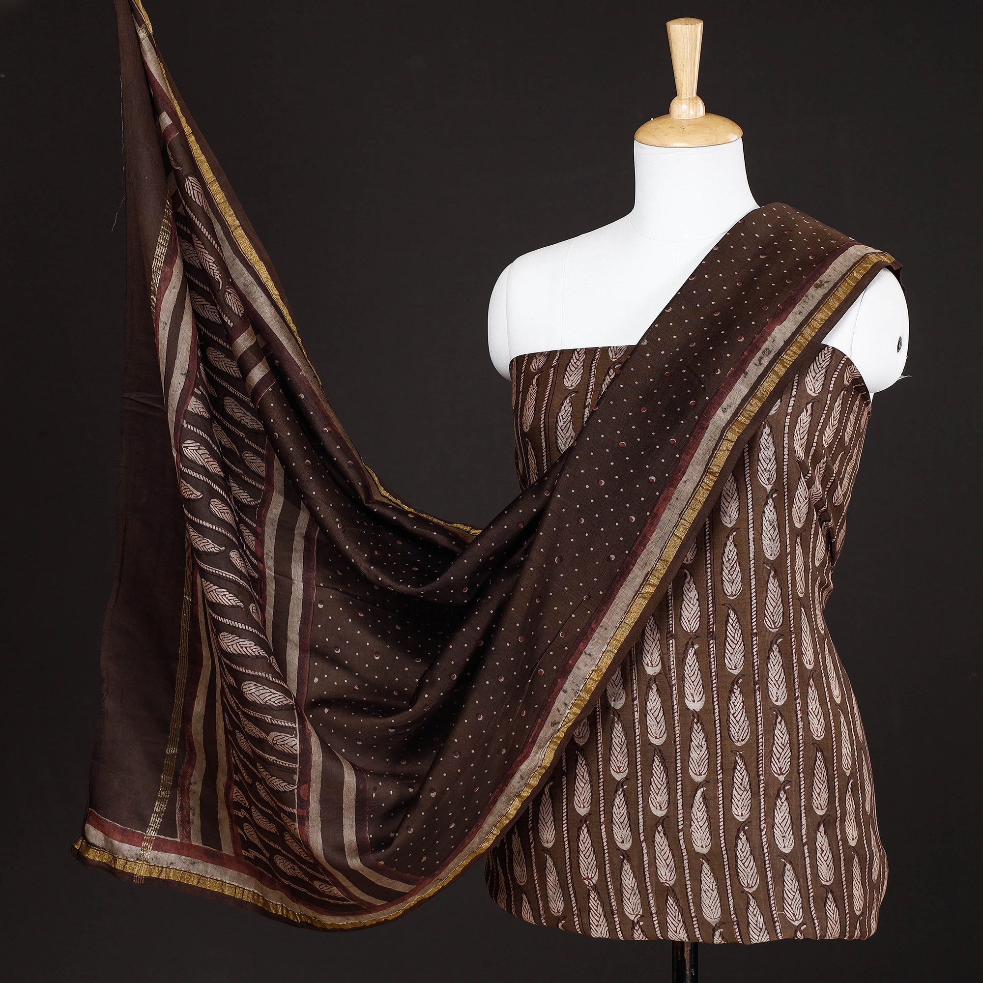 HAVELI CHRONICLES Brown - 3pc Akola Block Printed Chanderi Silk Suit Material Set