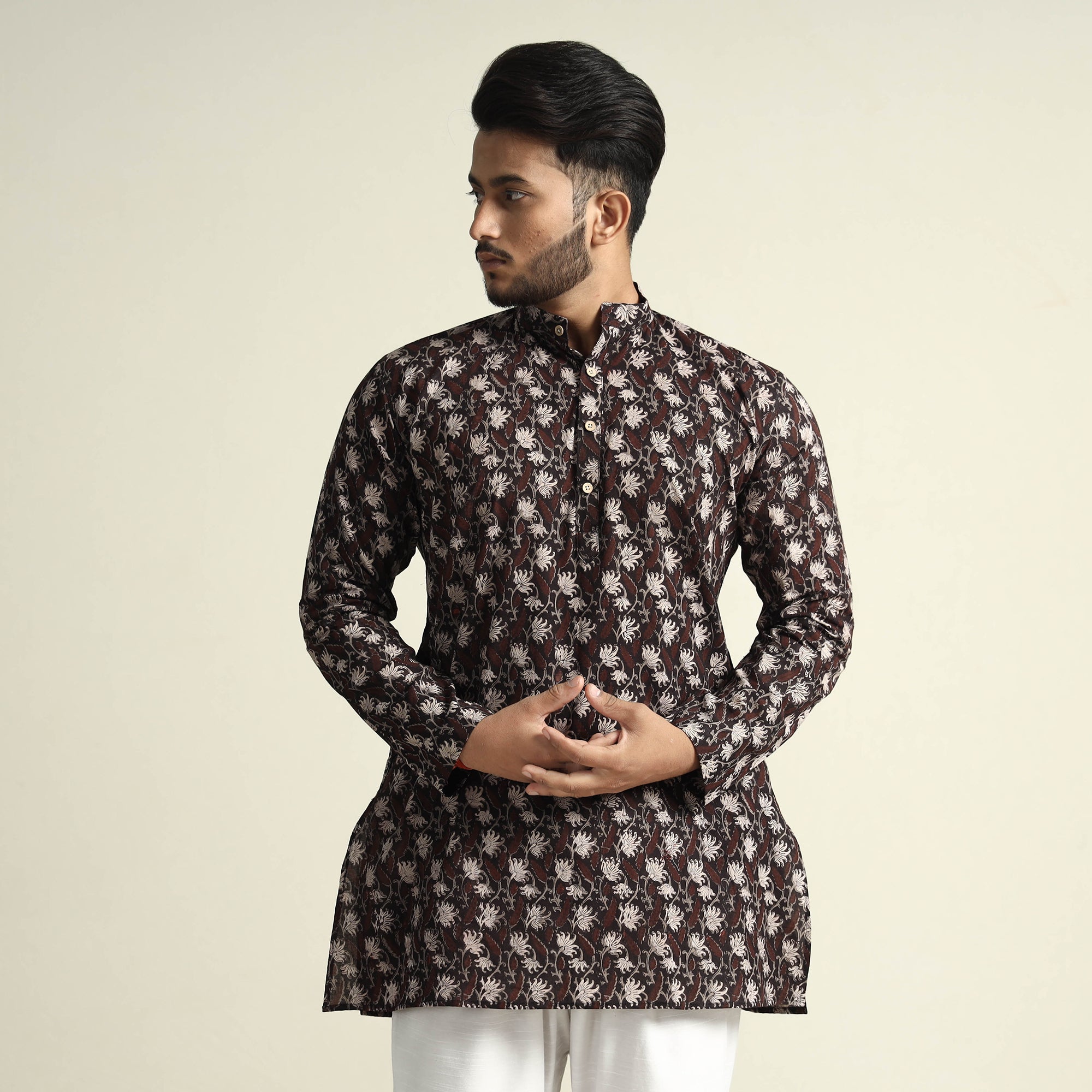ITOKRI CASUALS Black with Lianas Jaal - Bagru Block Printed Cotton Men Short Kurta - view 2