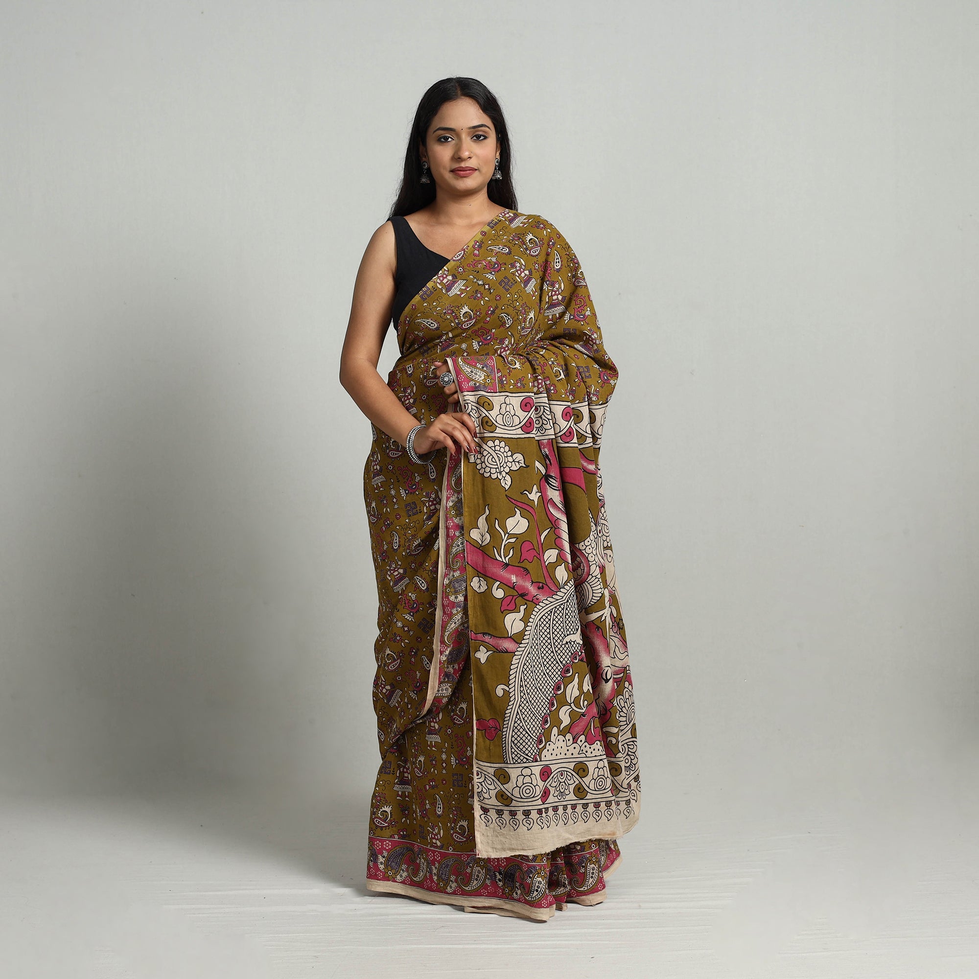 SOUTH KARGHA Brown - Kalamkari Print Cotton Saree with Blouse 23