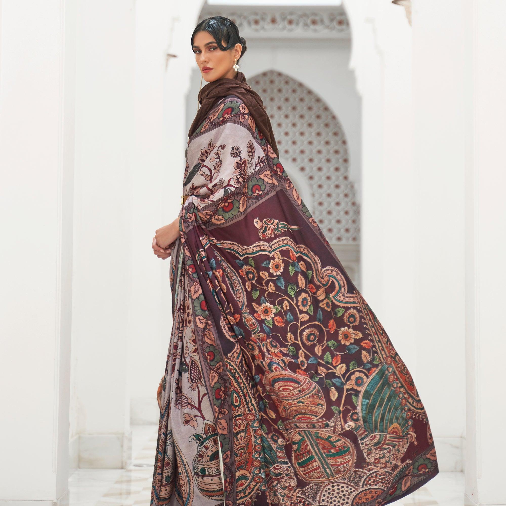Peachmode Grey Partywear Floral Digital Printed Silk Saree - view 3
