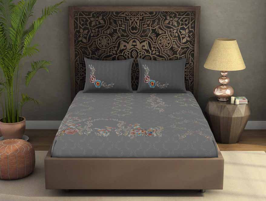 Spaces India Floral Grey 100% Cotton King Size Bedsheet Rangana Digital - By Spaces