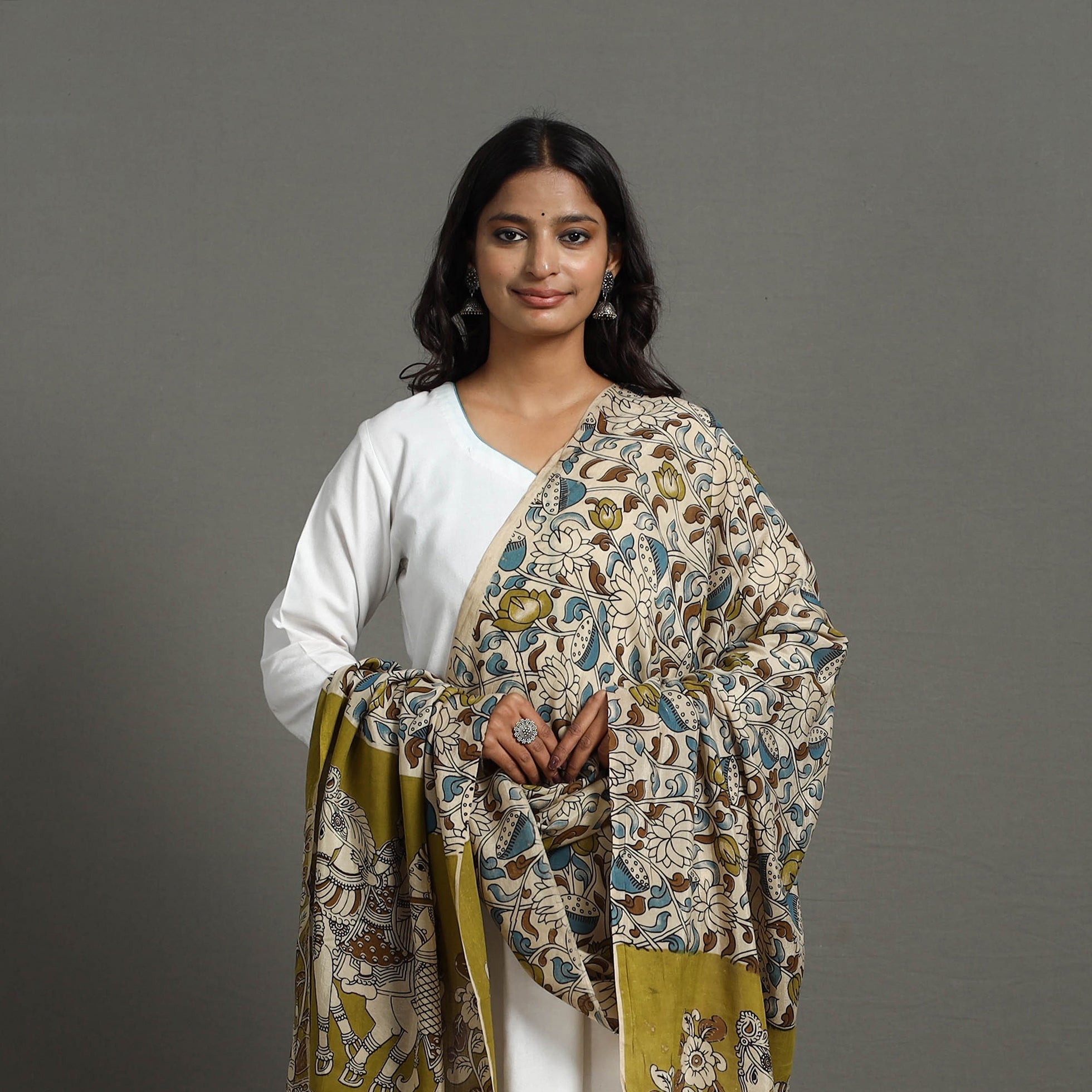SOUTH KARGHA Beige- Printed Silk Cotton Kalamkari Dupatta 35 - view 3