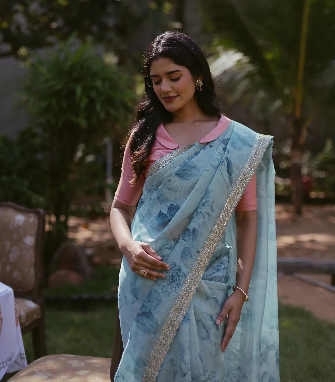 RmKV Turquoise Woven Organza Printed Saree With Embroidered Border - view 2