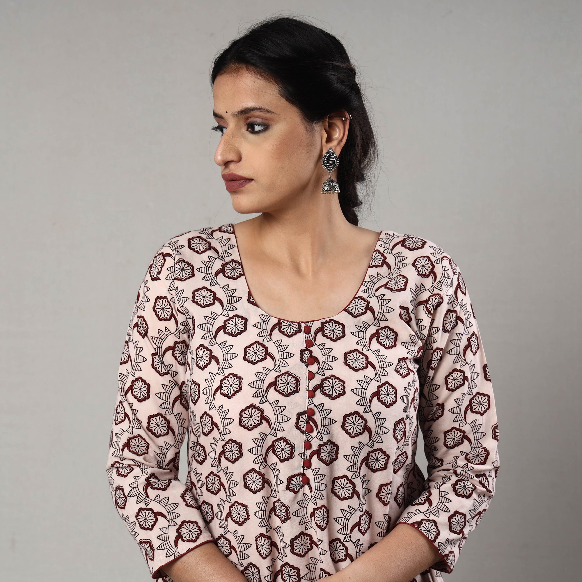 ITOKRI CASUALS Beige - White & Maroon Block Print Cotton A-Line Bagh Kurta - view 4