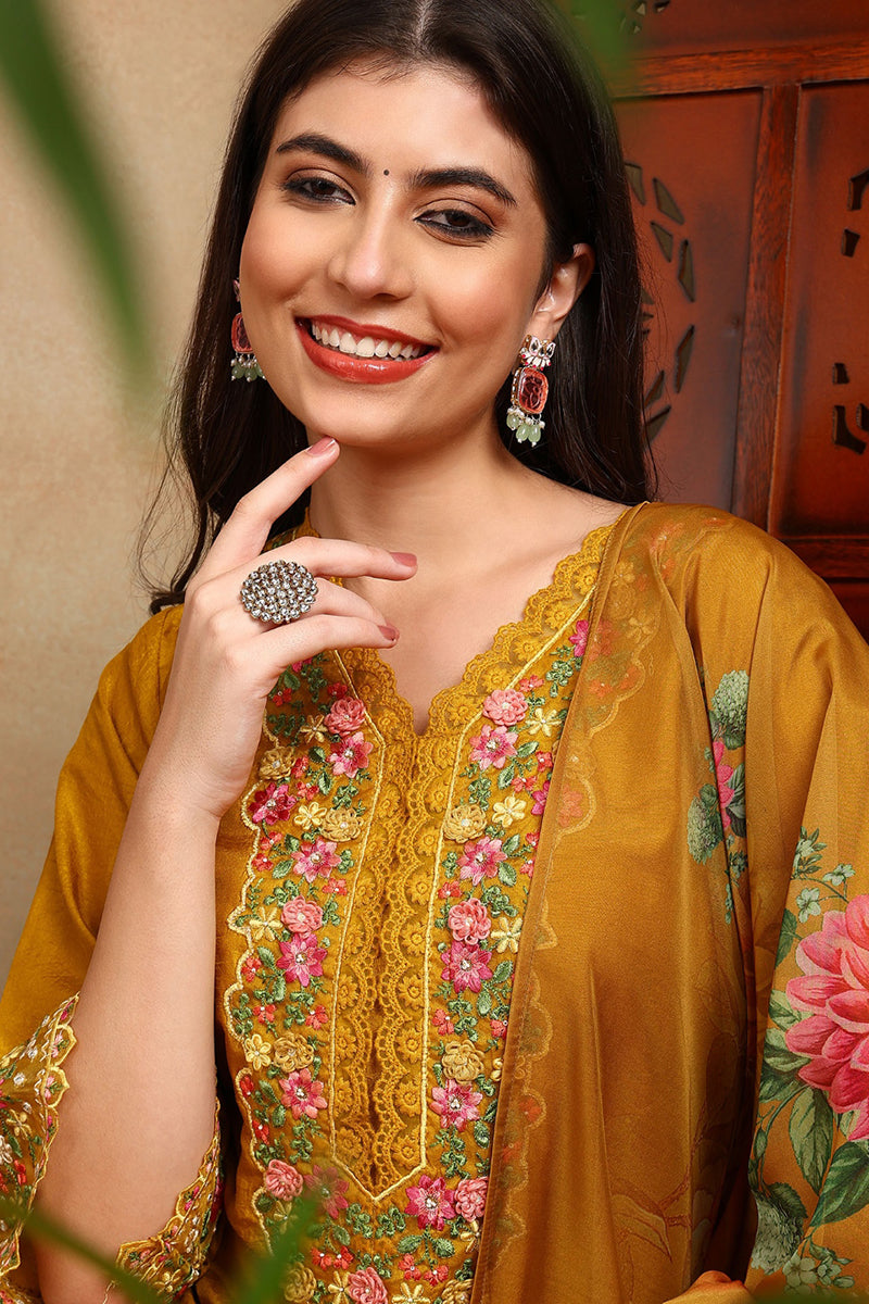 Ahika Mustard Yellow Silk Blend Solid Embroidered Straight Trouser Bottom Suit Set PKSKD2475