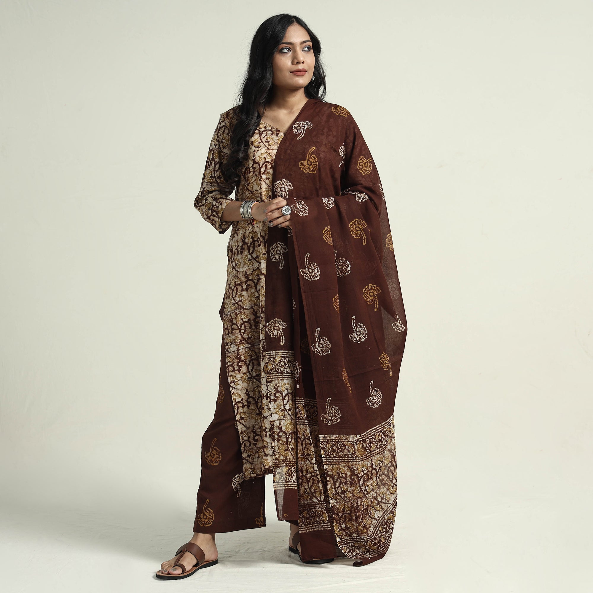 ITOKRI CASUALS Brown - Hand Batik Printed Cotton Kurta with Palazzo & Dupatta Set