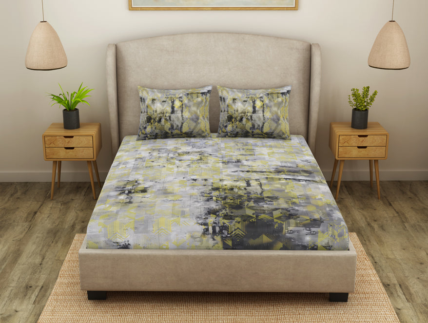 Spaces India Geometric Micro Chip - Grey Cotton Viscose Double Bedsheet - Starry Night By Spaces