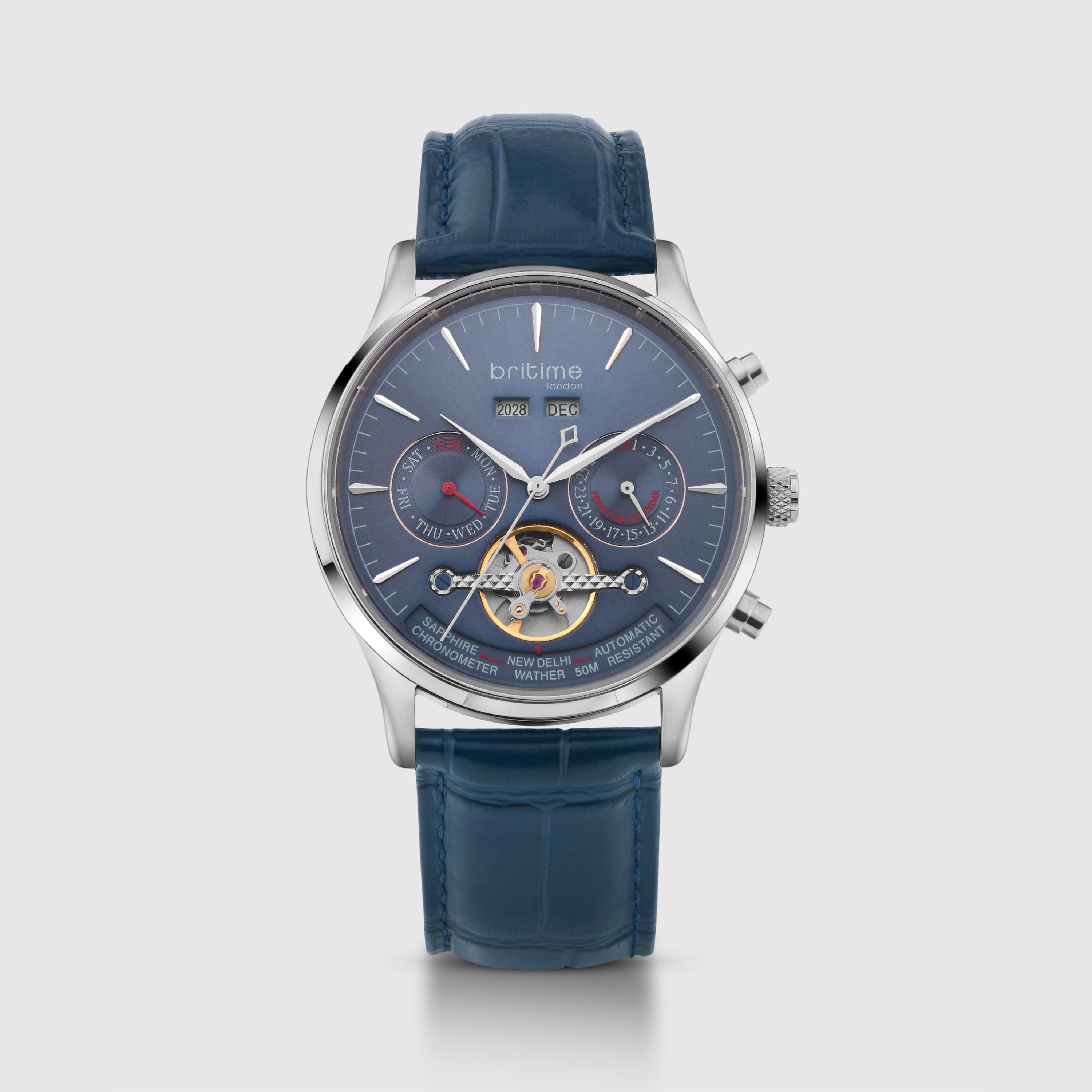 Britime Celestial Men Automatic Blue Dial Chronograph Leather Watch 867-L10507