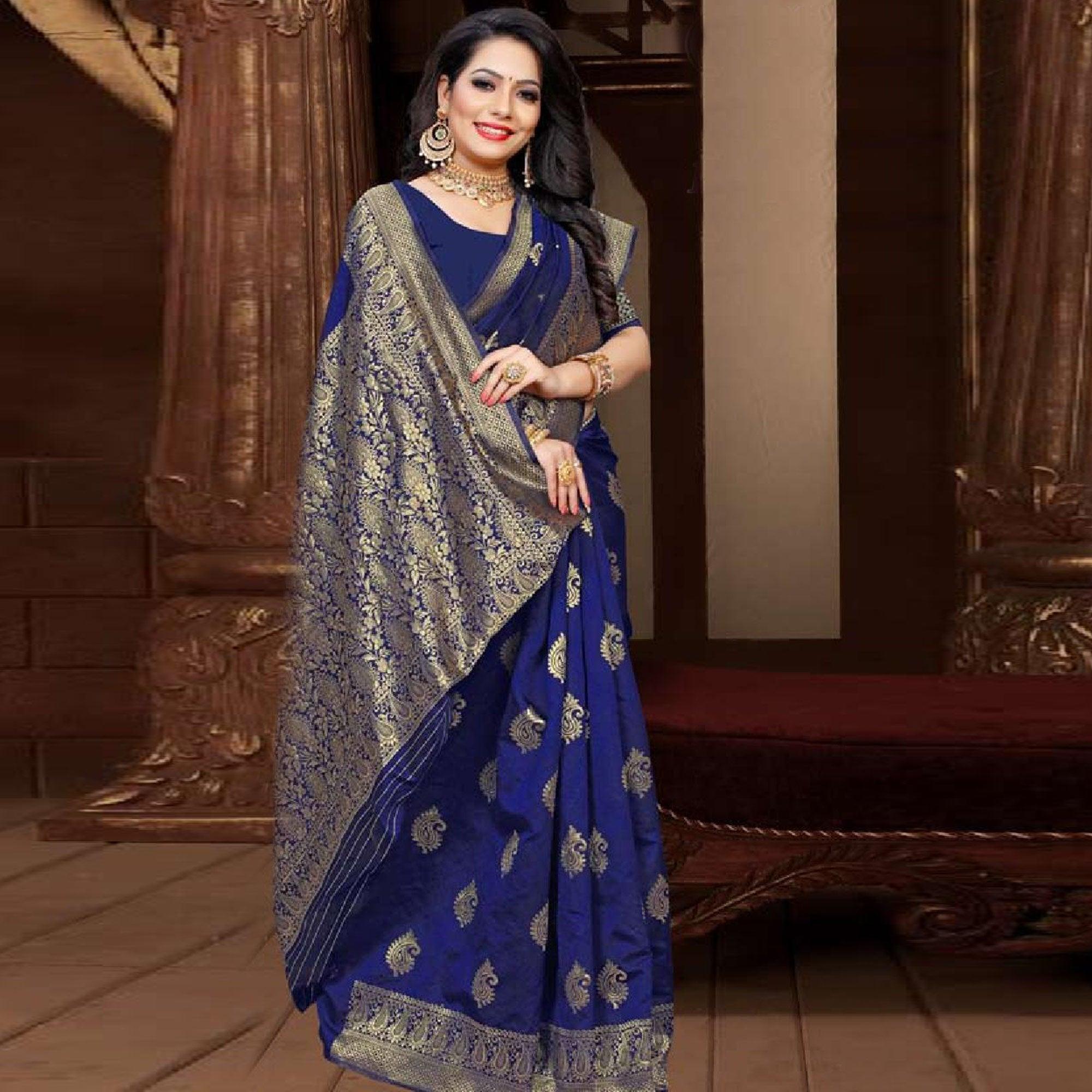 Peachmode Lovely Navy Blue Colored Festive Wear Woven Art Silk Saree