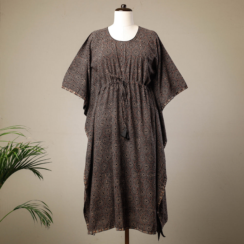 KACHCHH JI CHHAAP Black - Ajrakh Hand Block Printed Cotton Kaftan with Tie-Up Waist (Long)