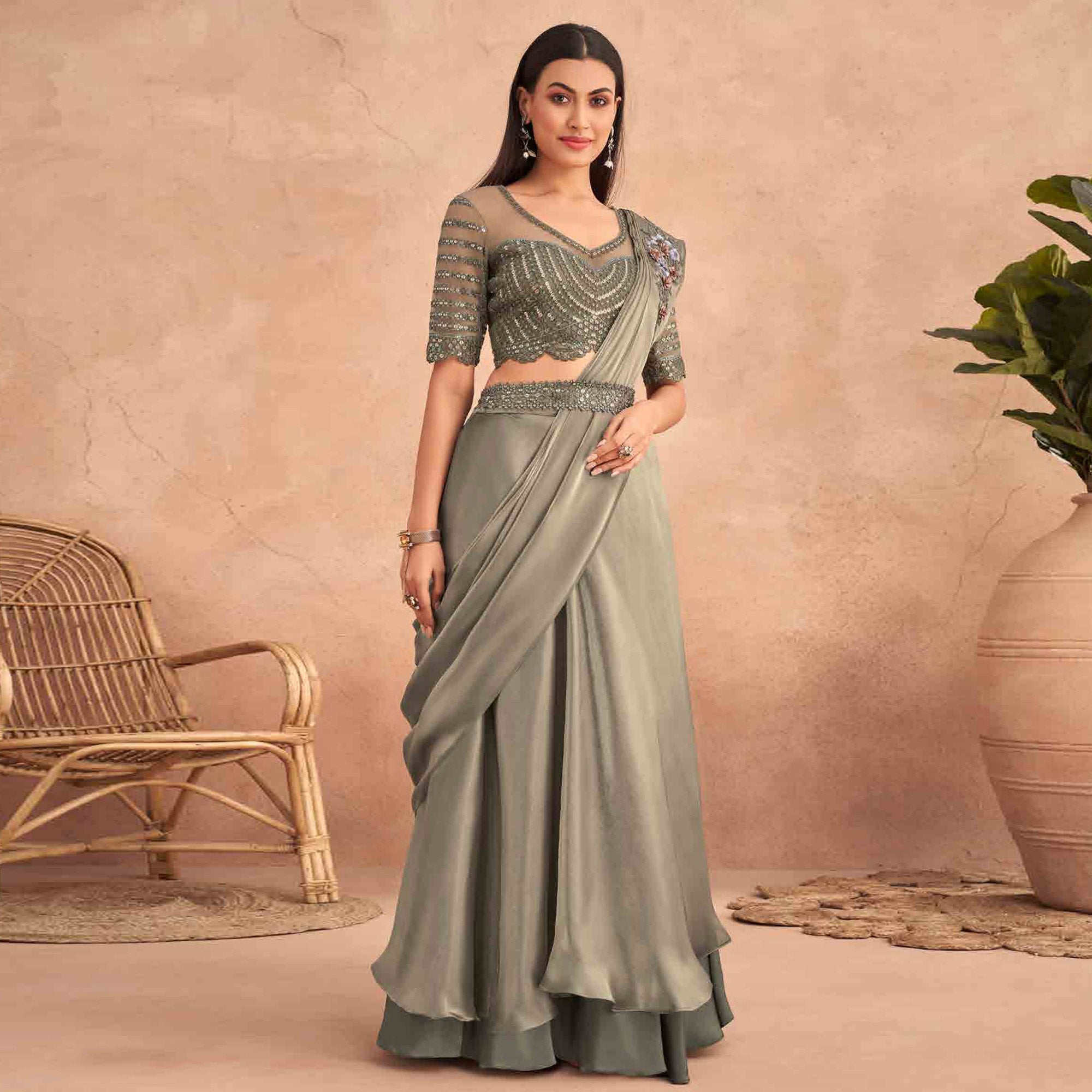 Peachmode Seller Grey Sequins Embroidered Ready to Wear Art Silk Saree - view 2