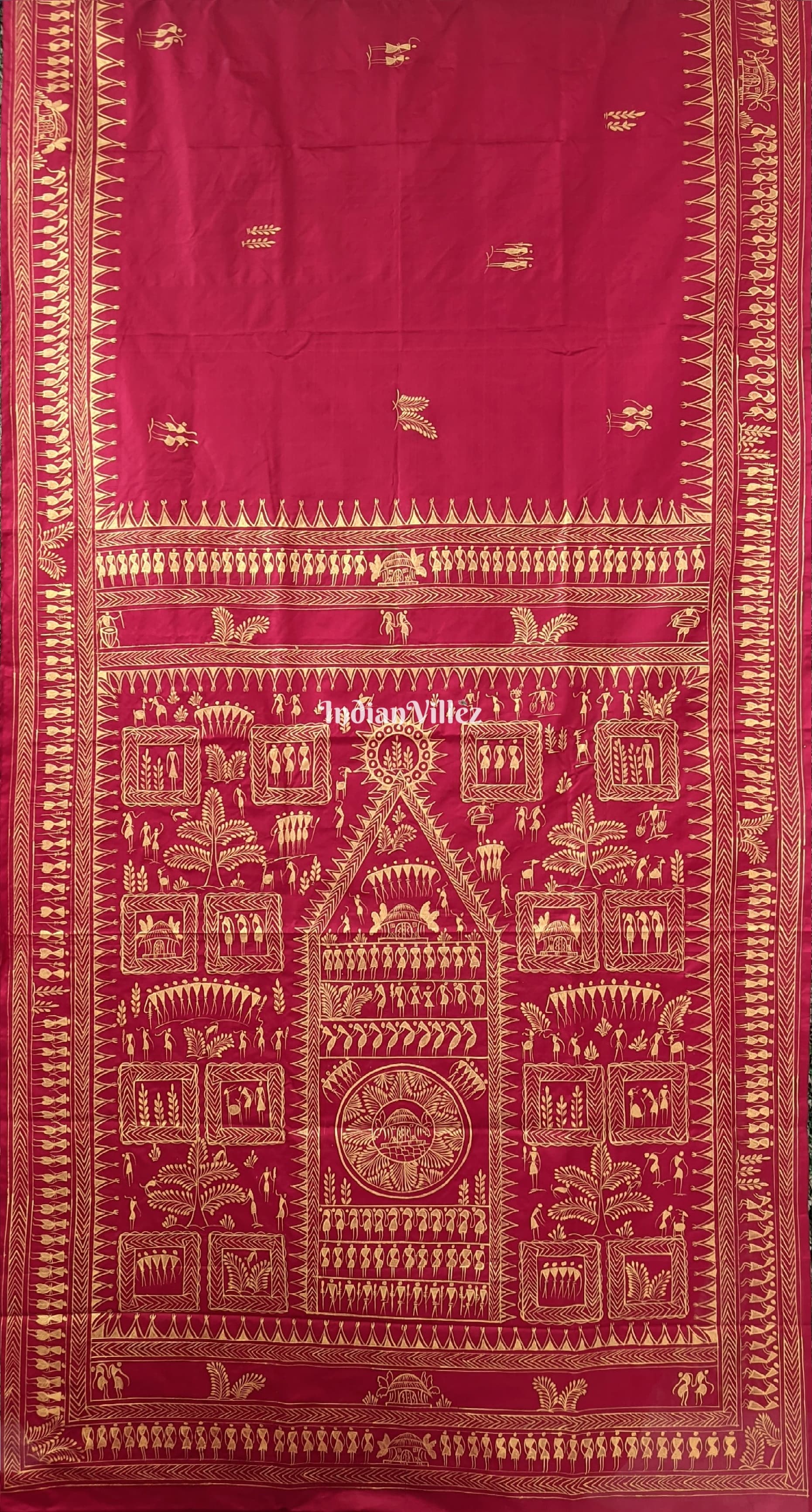 IndianVillèz Red Tribal Themed Pattachitra Silk Saree