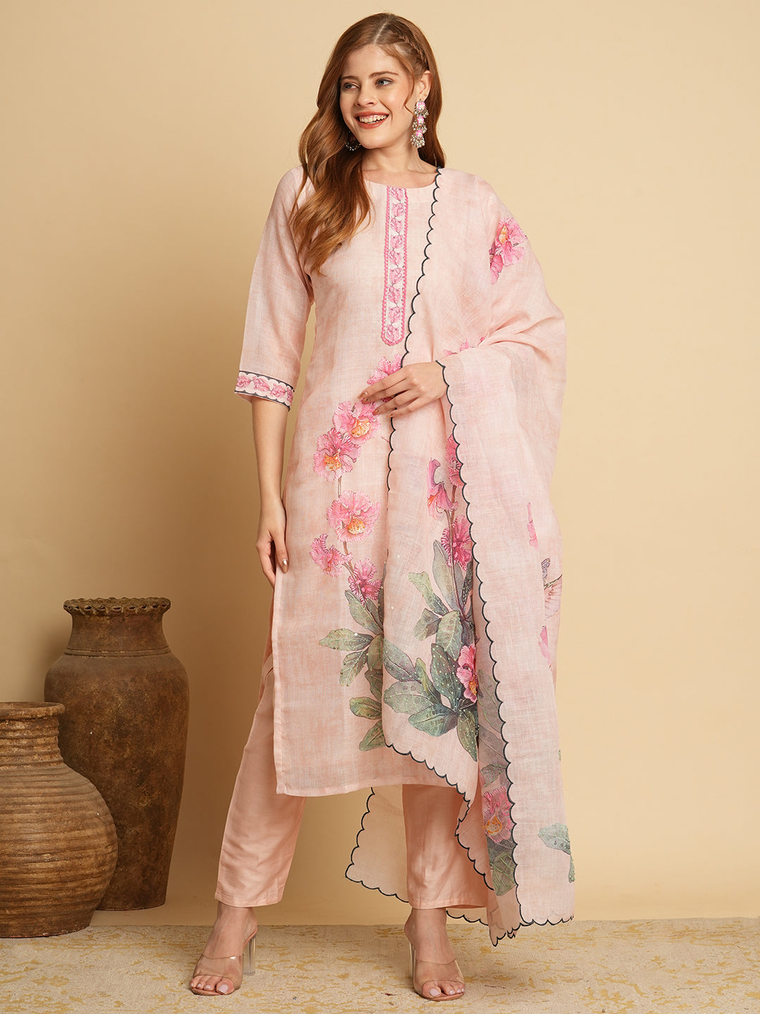 FASHOR Abstract Floral Printed & Embroidered Straight Kurta with Pant & Dupatta - Cream - view 2