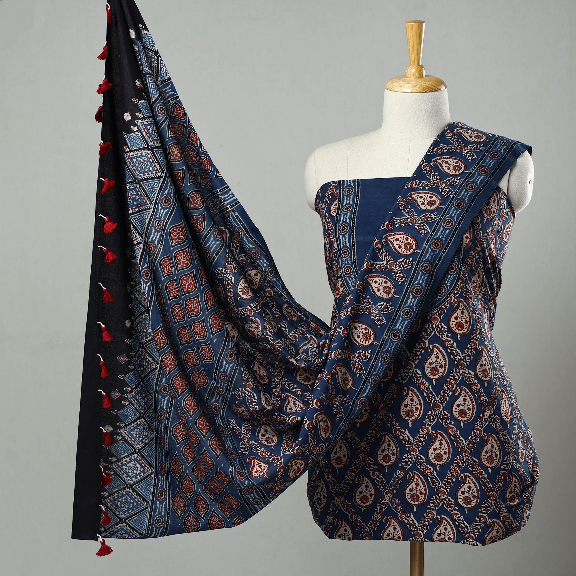 AJRAKH BY JABBAR KHATRI Blue - Hand Block Print Cotton 3pc Ajrakh Dress Material 21
