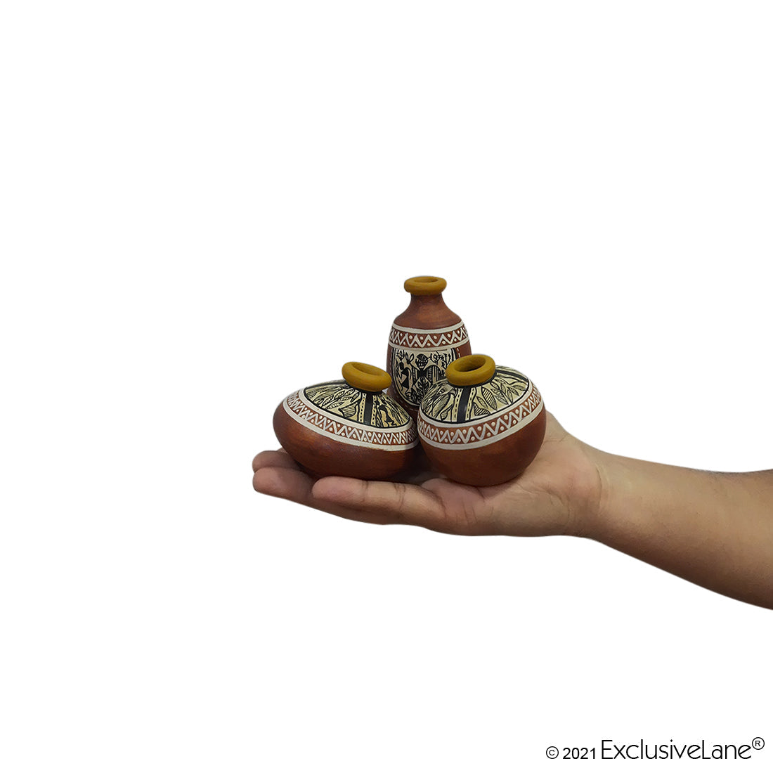 EXCLUSIVELANE 'Three Little Terracotta Pots Showpieces' with Warli Handpainted In Natural Mud Brown (Set Of 3) - view 8