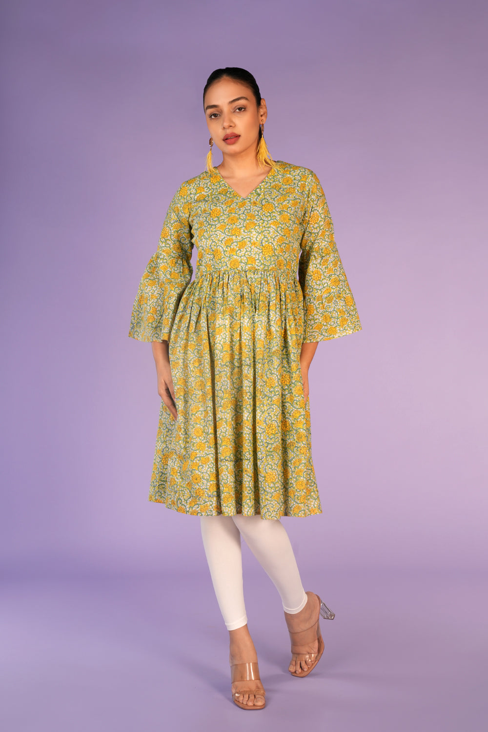 Kalanjali Ethnics Floral pista green Sanganeri handblock printed kurti