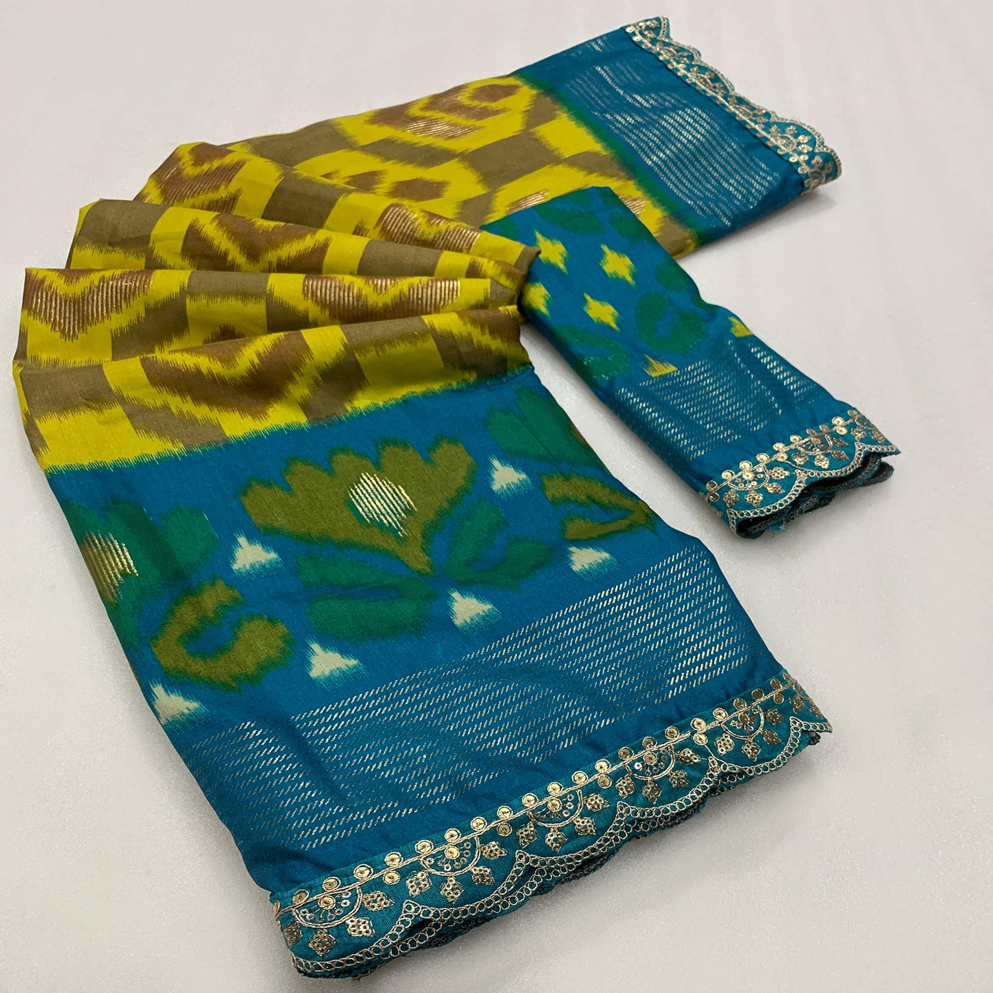 Peachmode Lemon Yellow Ikkat Printed Dola Silk Saree With Sequins Embroidery Border