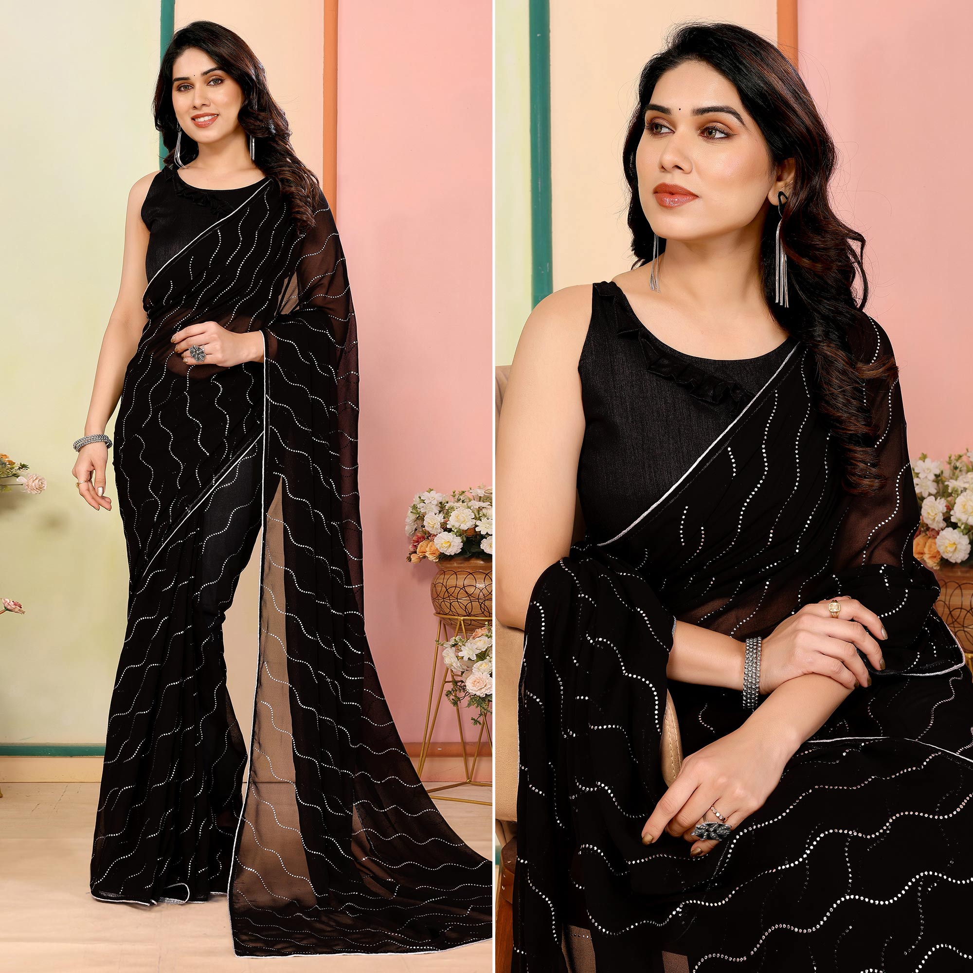 Peachmode Black Swarovski Work Embroidered Georgette Saree