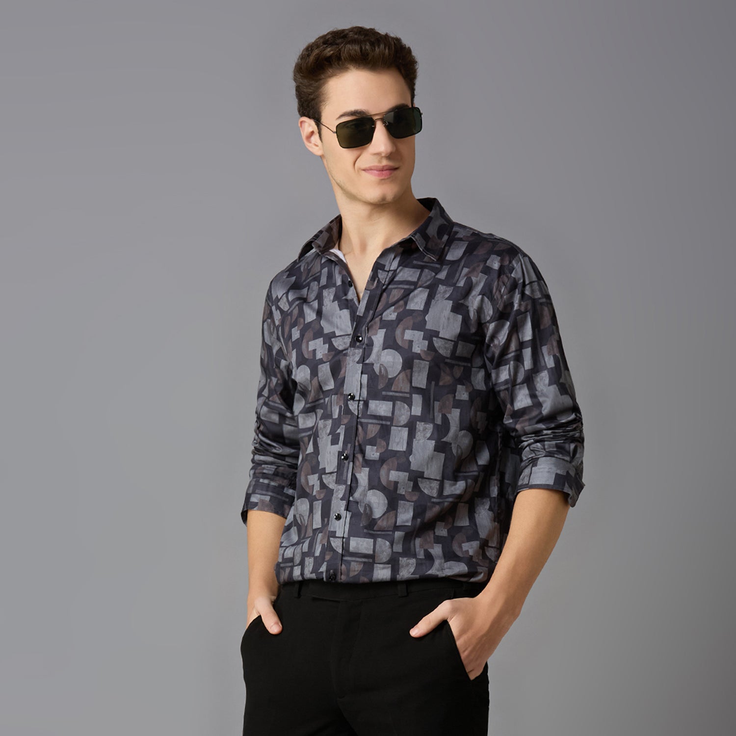 MARK & ALBERT Giza Cotton Printed Shirt – Gray - view 6