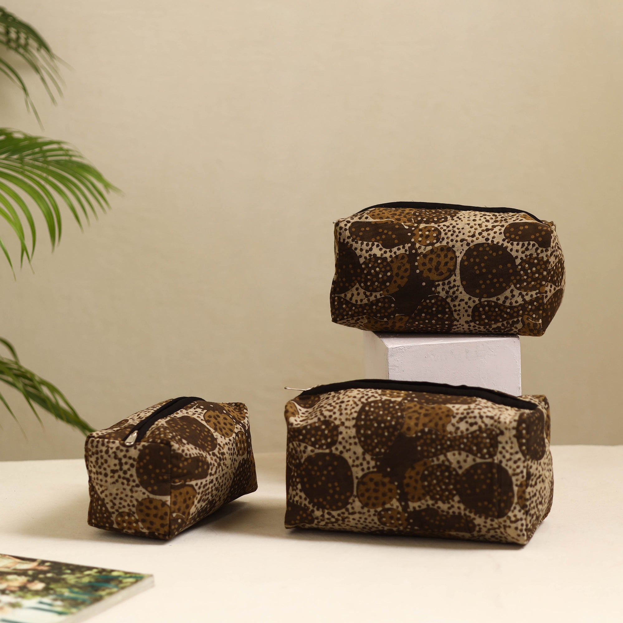 NOORI BAZAR Brown - Handmade Cotton Toiletry Bags (Set of 3) 03
