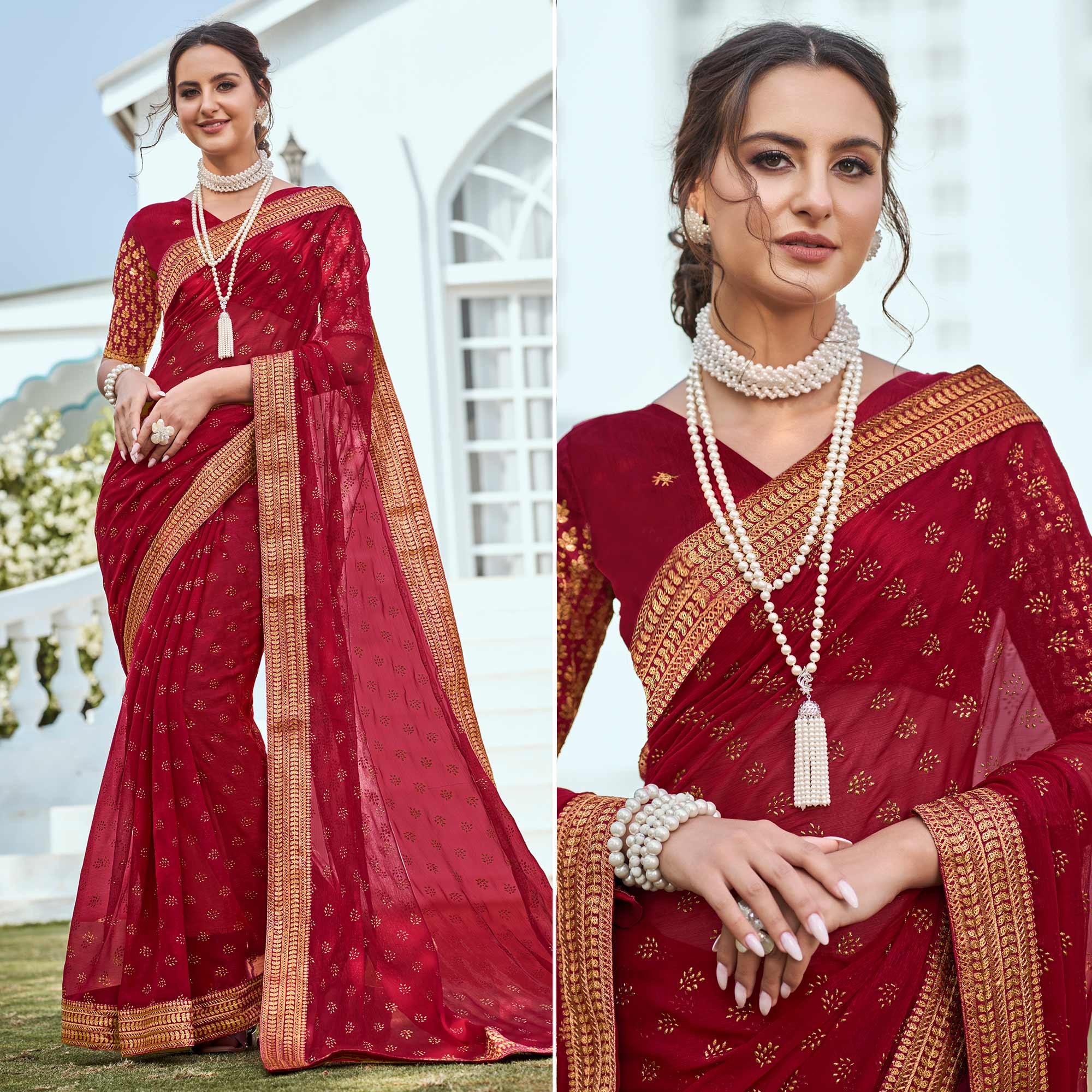 Peachmode Maroon Foil Printed Georgette Saree With Embroidered Border