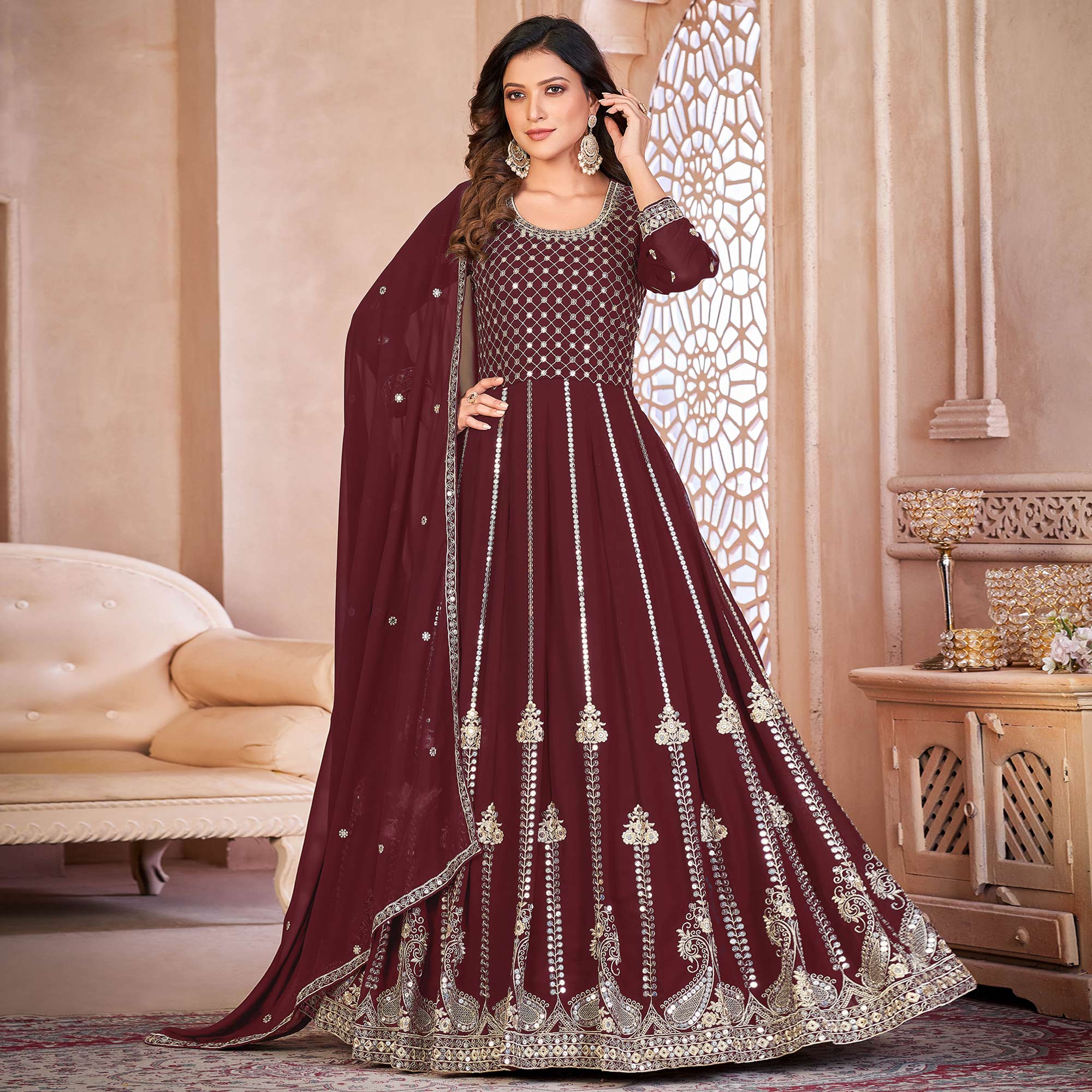 Peachmode Maroon Floral Sequins Embroidered Georgette Semi Stitched Anarkali Suit - view 2