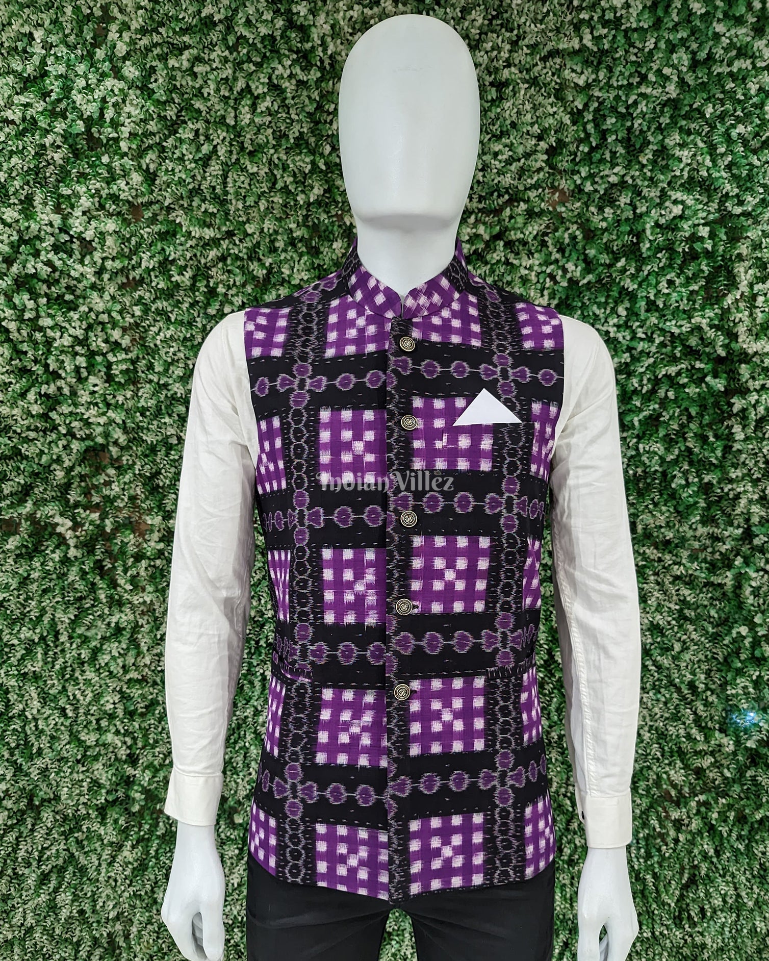 IndianVillèz Blackberry Odisha Ikat Cotton Half Bandi Jacket for Men